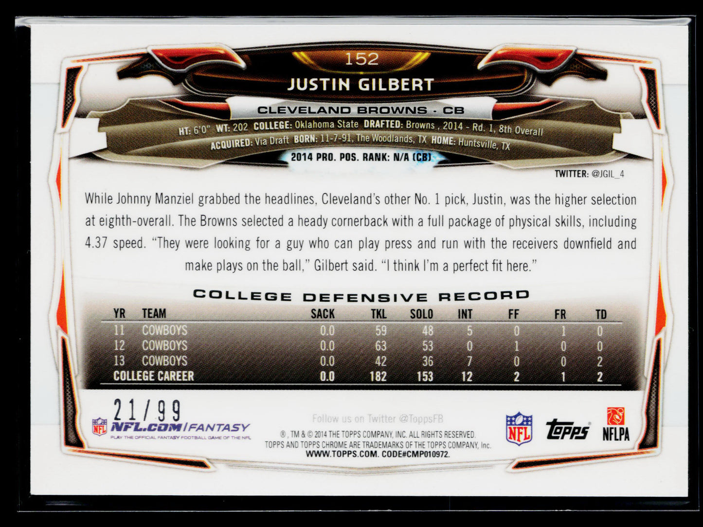 2014 Topps Chrome Justin Gilbert Rookie Sepia Refractors #/99 #152