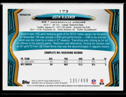 2013 Topps Chrome Justin Blackmon Purple Refractors #/499 #173