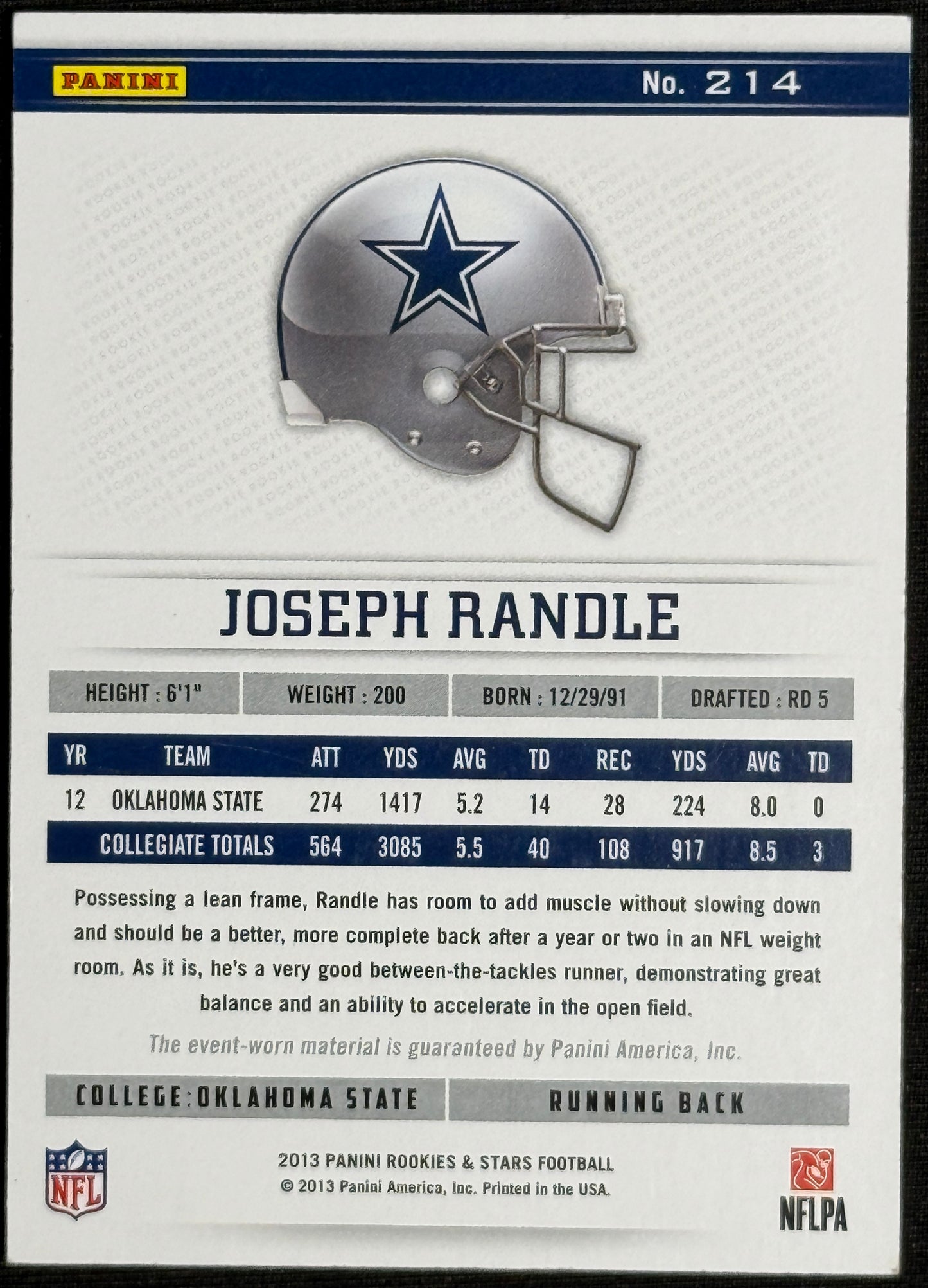 2013 Panini Rookies & Stars Joseph Randle Jersey RC Rookie #214