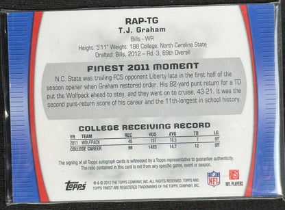 2012 Finest T.J. Graham Rookie Patch Autographs Refractors Auto #/1353 #RAP-TG