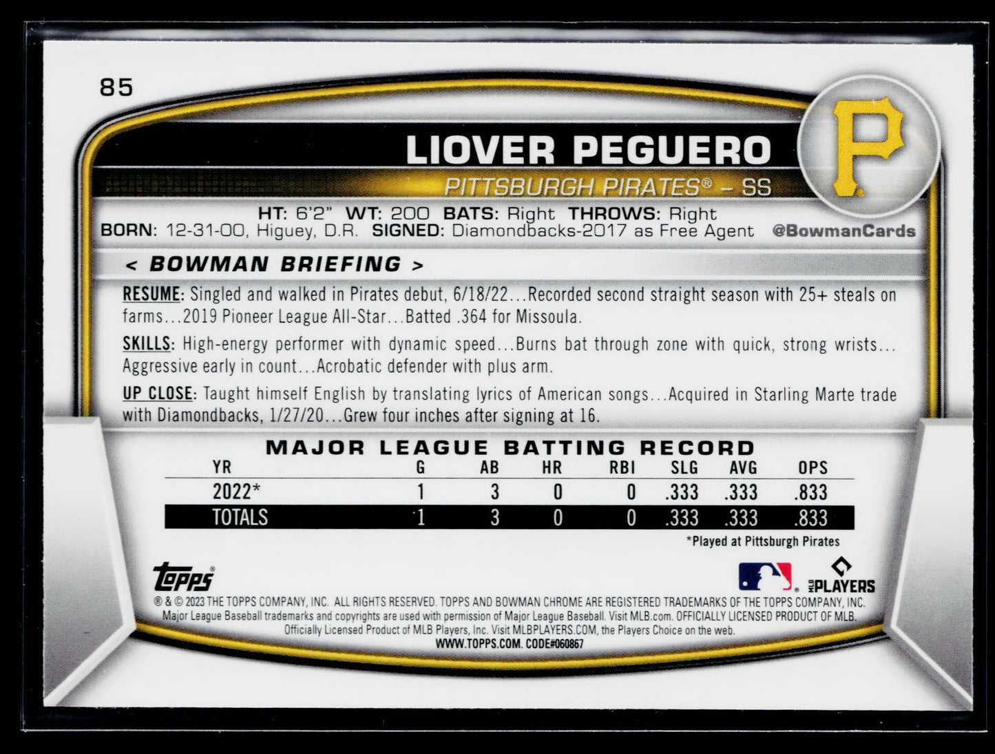 2023 Bowman Liover Peguero Rookie Mojo Refractors #85