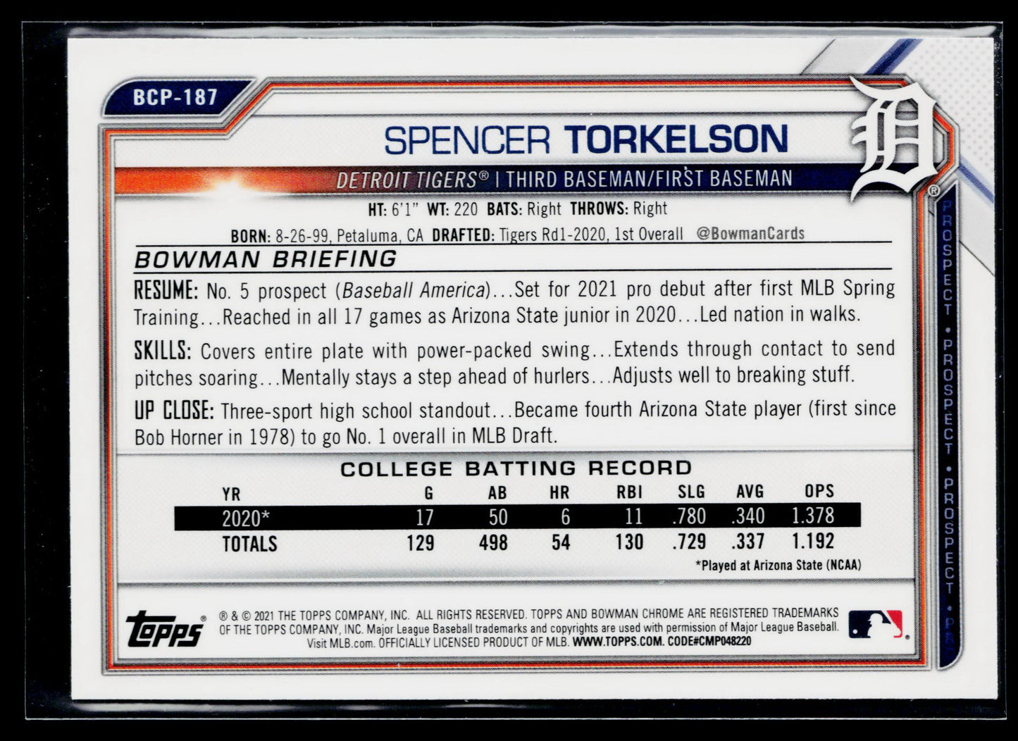 2021 Bowman Chrome Spencer Torkelson Prospects Mojo Refractor #BCP-187