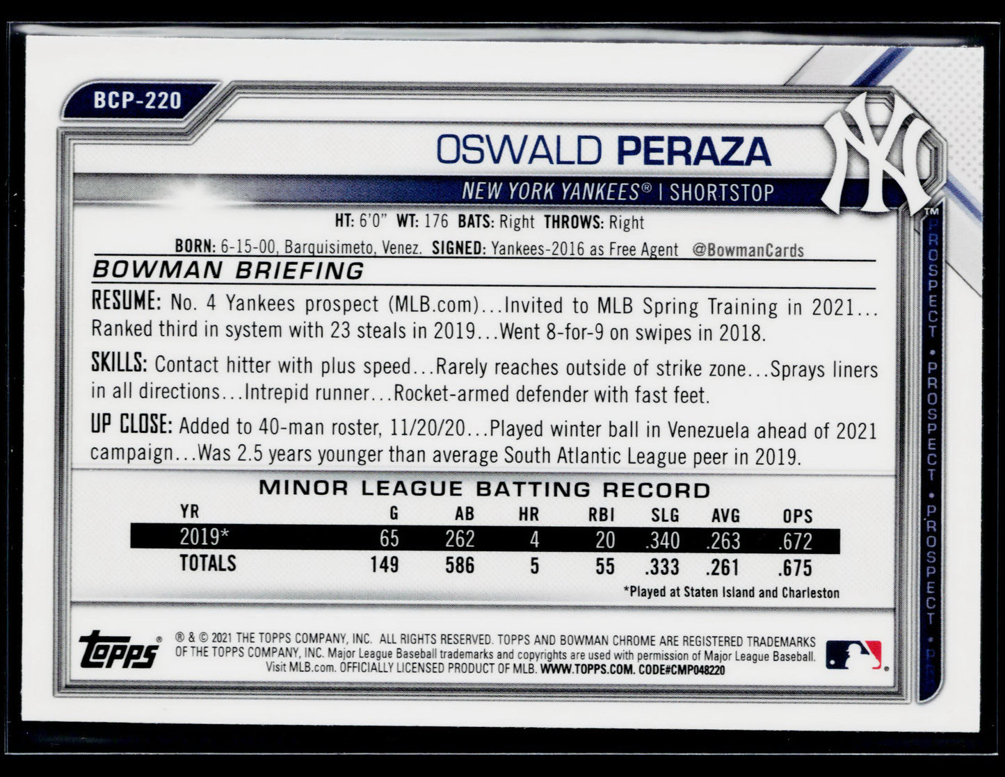 2021 Bowman Chrome Oswald Peraza Prospects Mojo Refractor #BCP-220