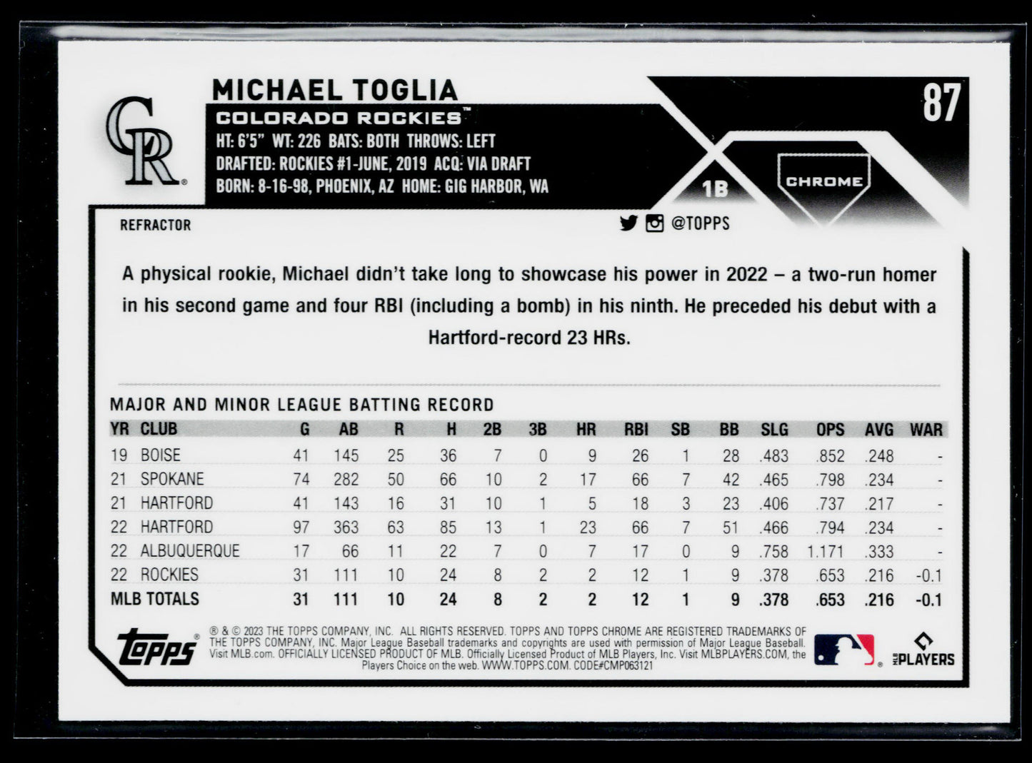 2023 Topps Chrome Michael Toglia Refractors #87