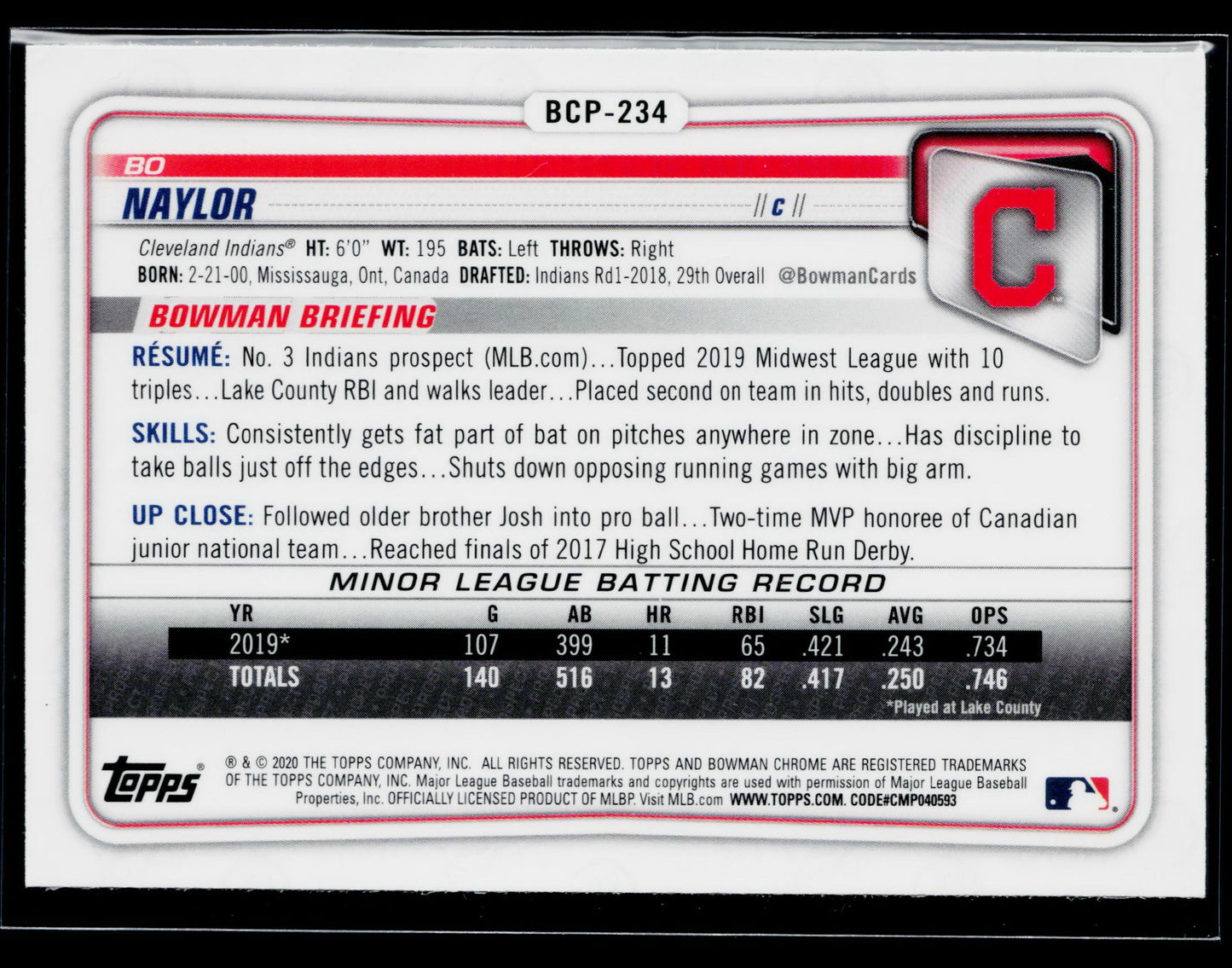 2020 Bowman Chrome Bo Naylor Prospects Mojo Refractor #BCP-234