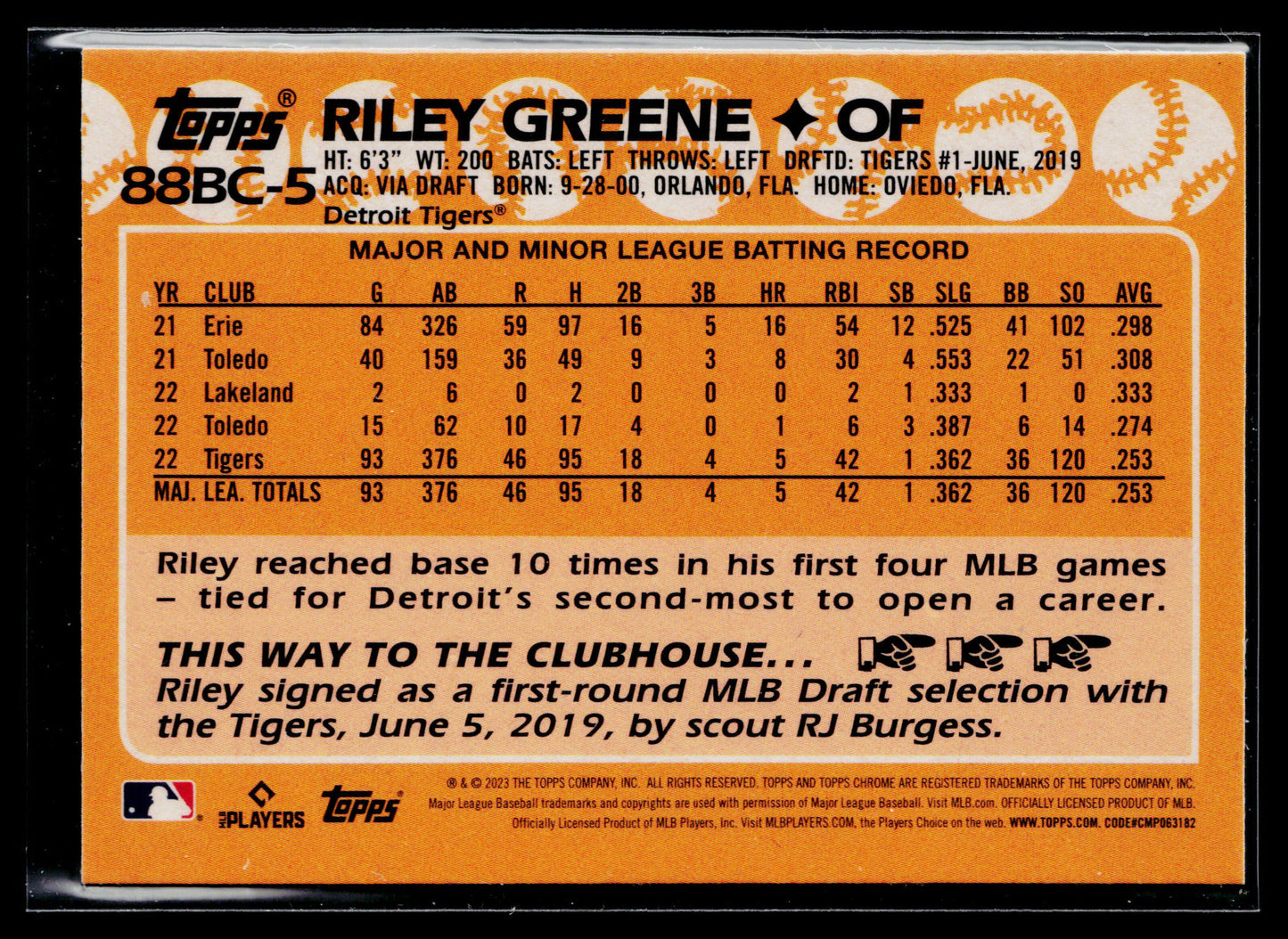 2023 Topps Chrome Riley Greene 1988 Topps Baseball 35th Anniversary #88BC-5