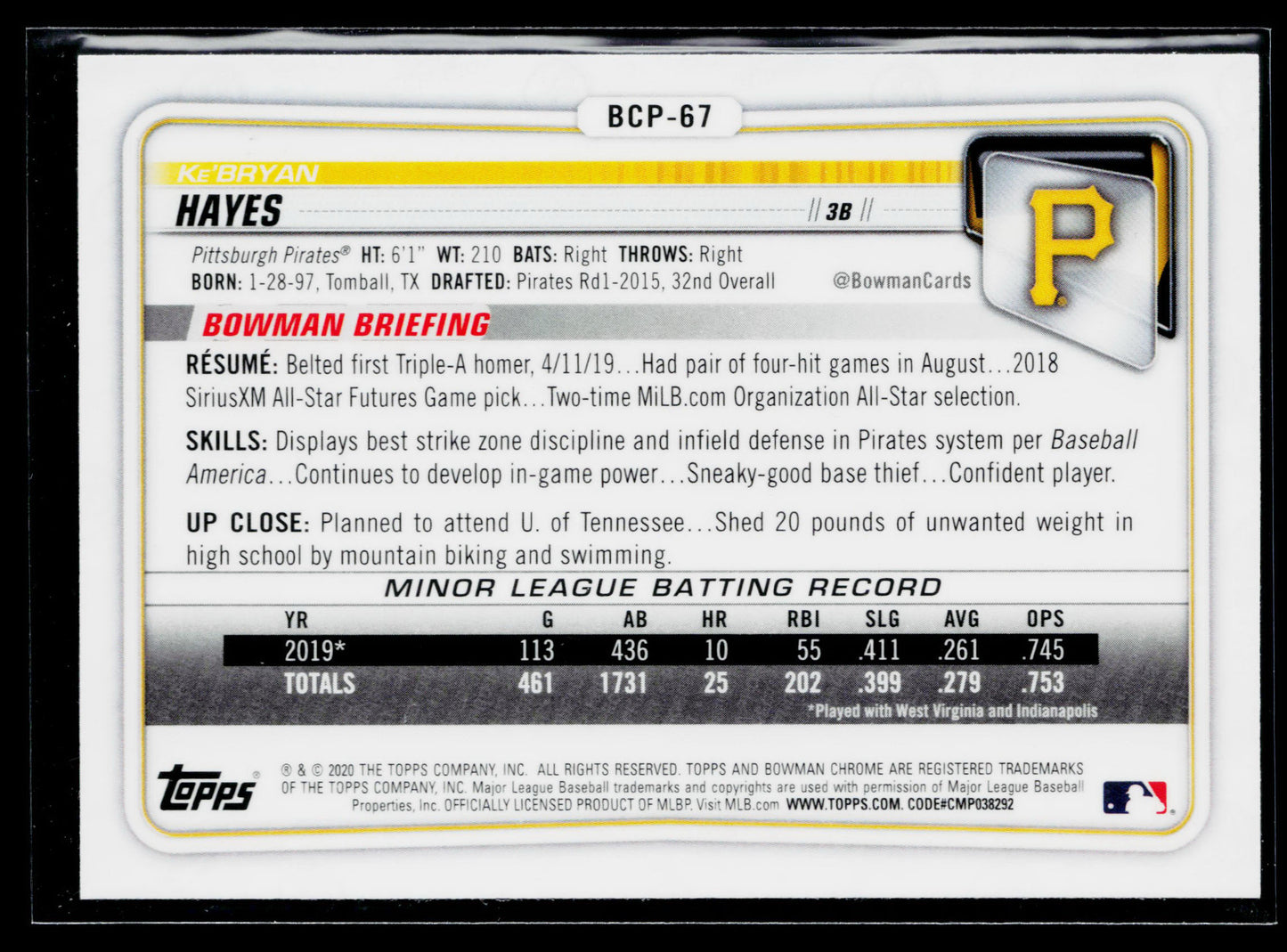 2020 Bowman Ke'Bryan Hayes Chrome Prospects #BCP-67