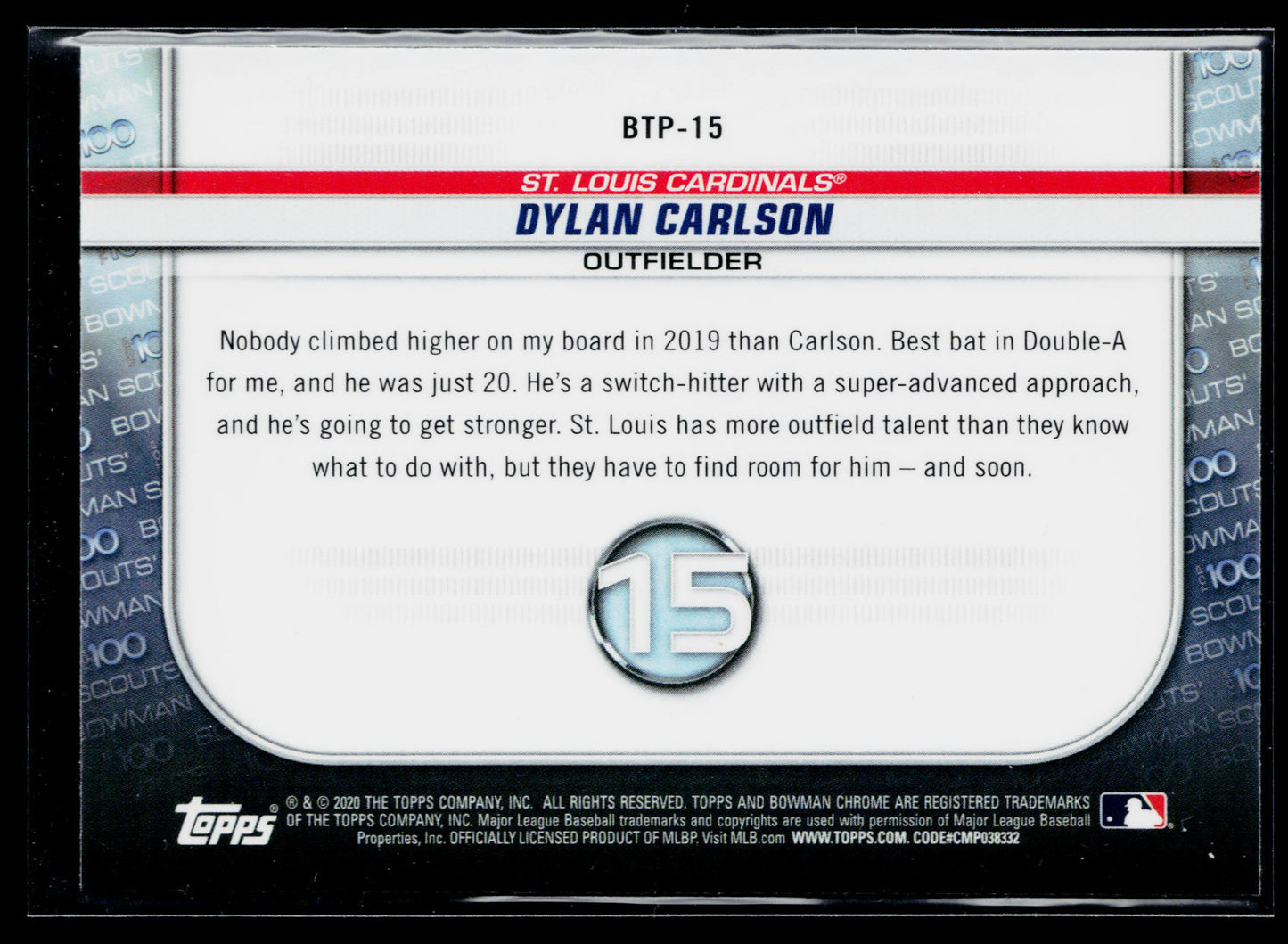 2020 Bowman Dylan Carlson Chrome Bowman Scouts Top 100 #BTP-15