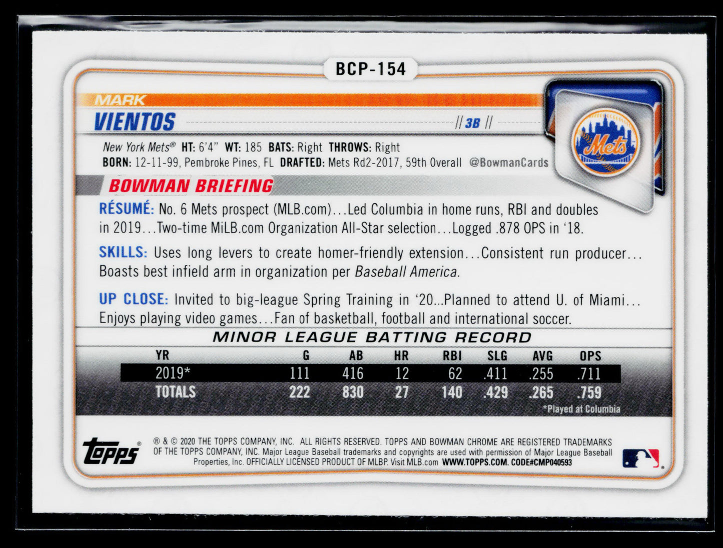 2020 Bowman Chrome Mark Vientos Prospects Mojo Refractor #BCP-154