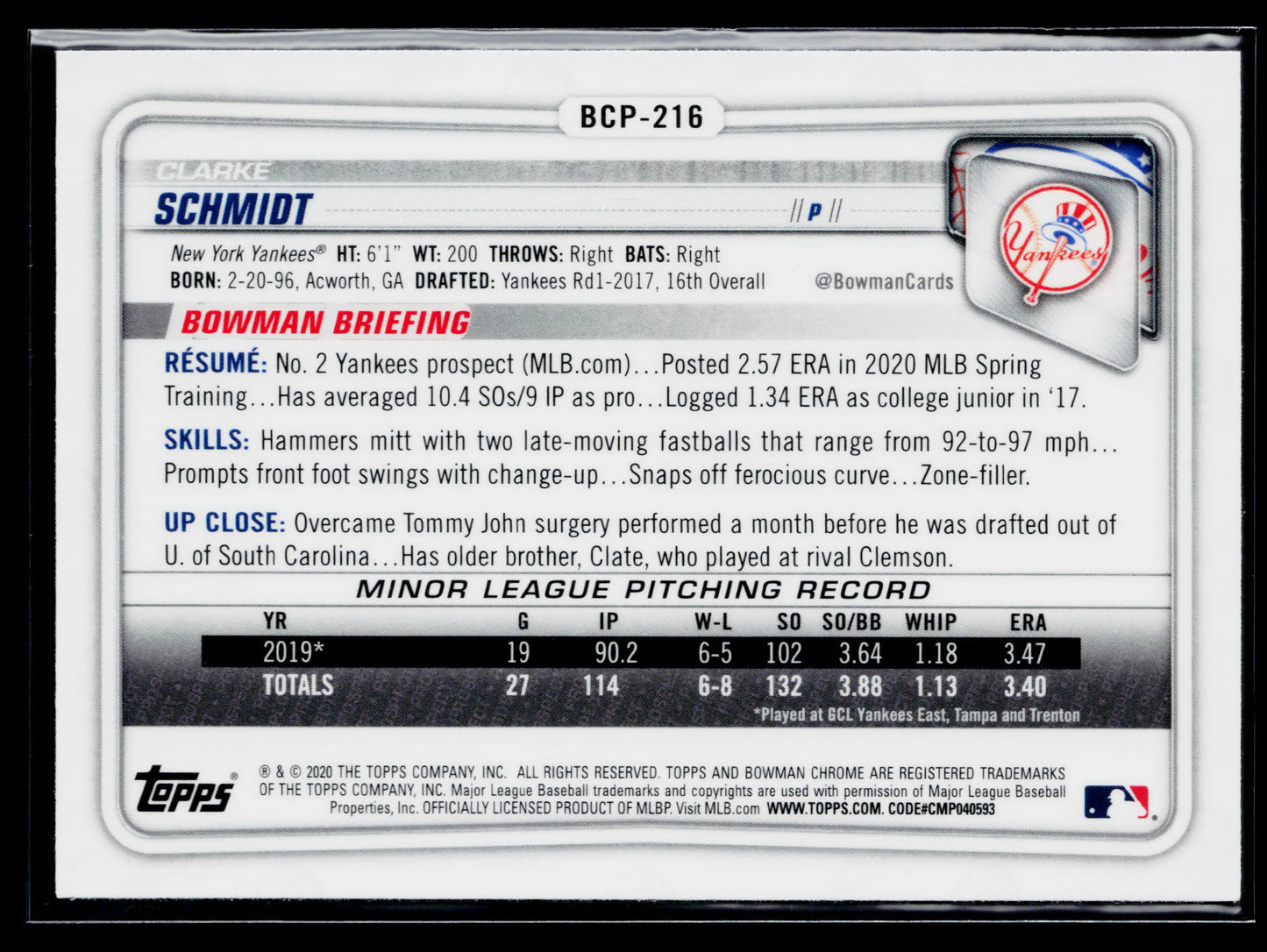 2020 Bowman Chrome Clarke Schmidt Prospects Mojo Refractor #BCP-216