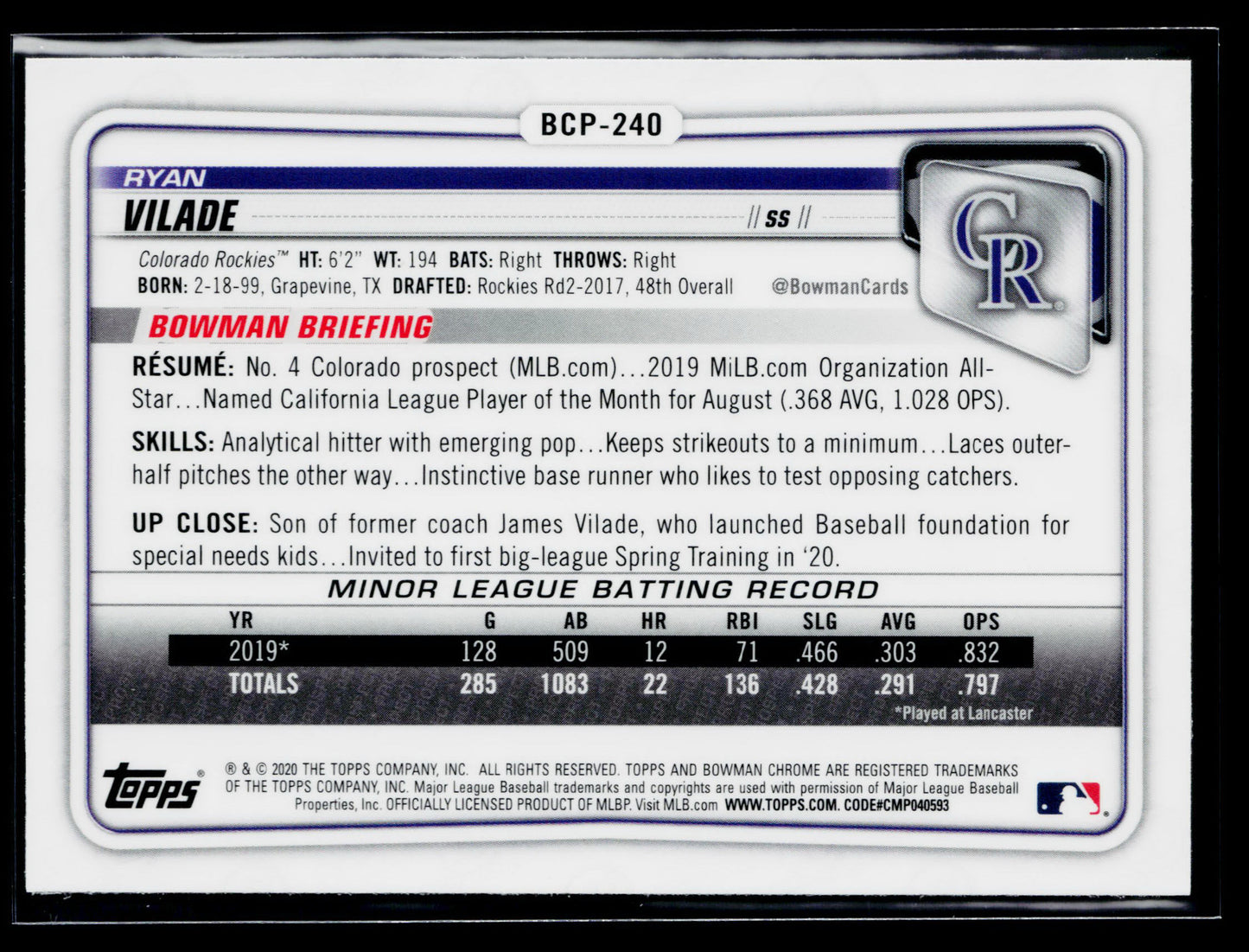 2020 Bowman Chrome Ryan Vilade Prospects Mojo Refractor #BCP-240
