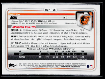 2020 Bowman Chrome Keegan Akin Prospects Mojo Refractor #BCP-196
