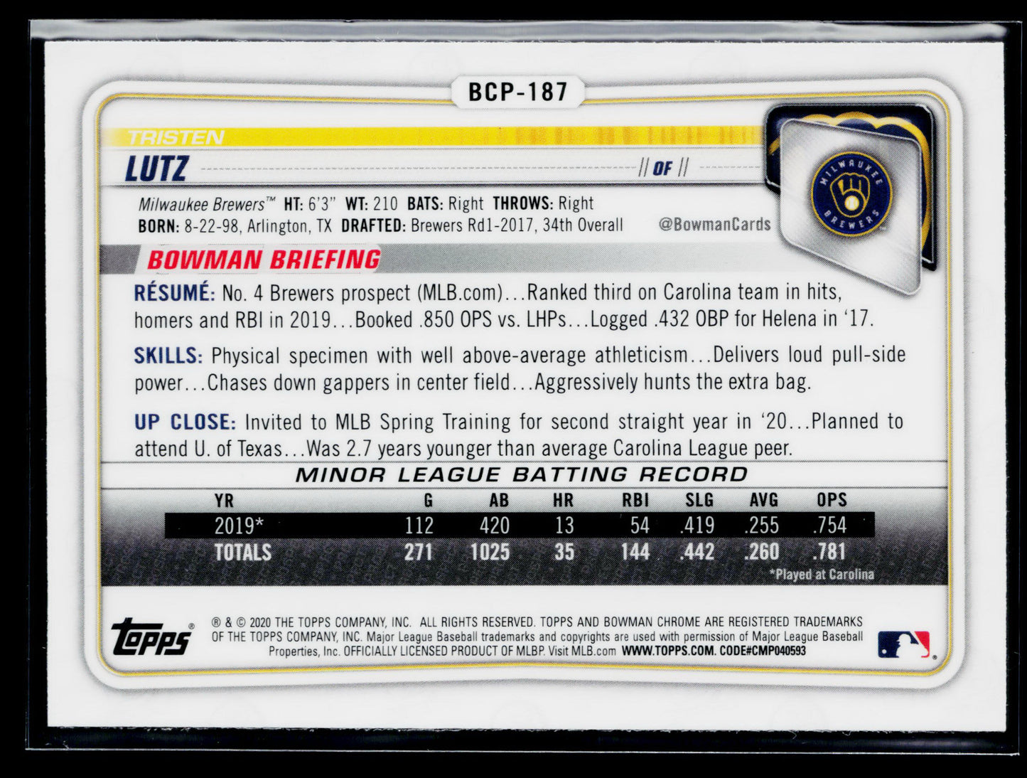 2020 Bowman Chrome Tristen Lutz Prospects Mojo Refractor #BCP-187