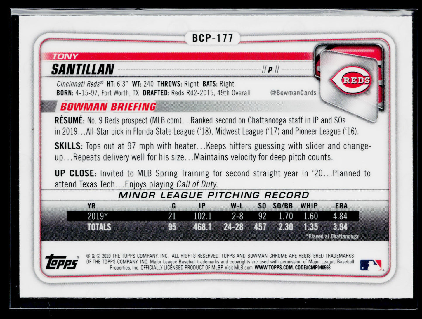 2020 Bowman Chrome Tony Santillan Prospects Mojo Refractor #BCP-177