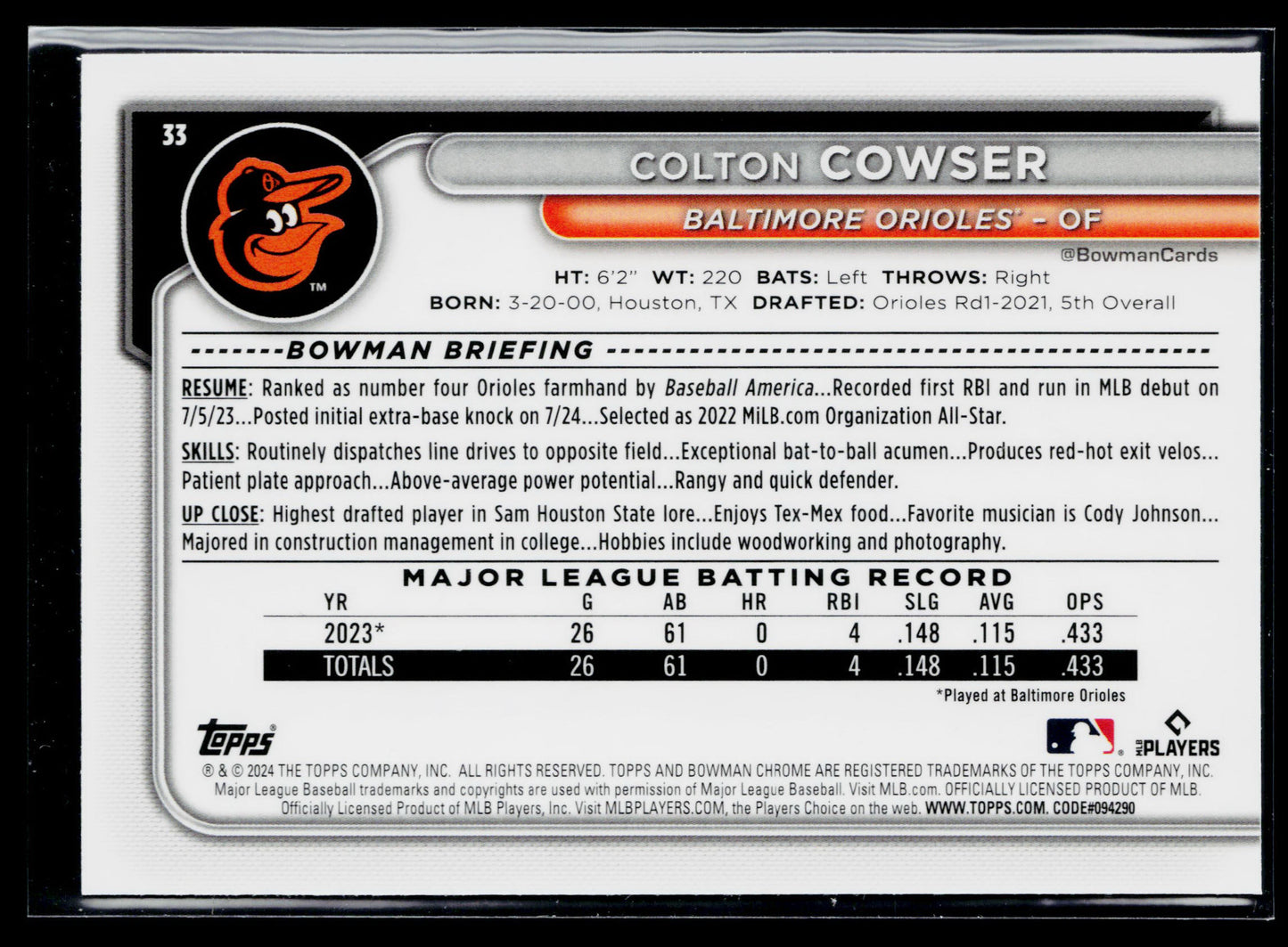 2024 Bowman Chrome Colton Cowser Mojo Refractors #33