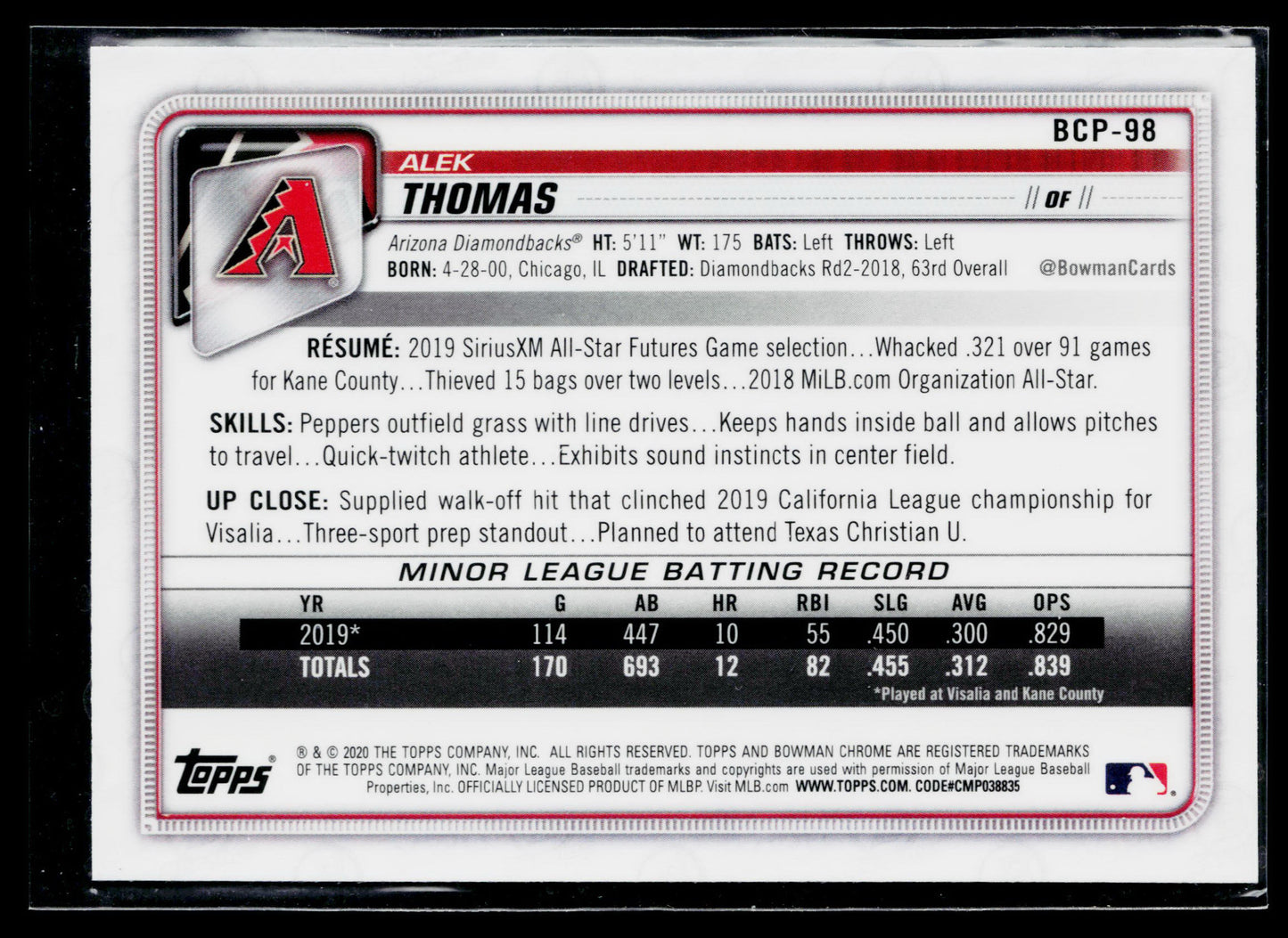 2020 Bowman Alek Thomas Chrome Prospects Mojo Refractor #BCP-98