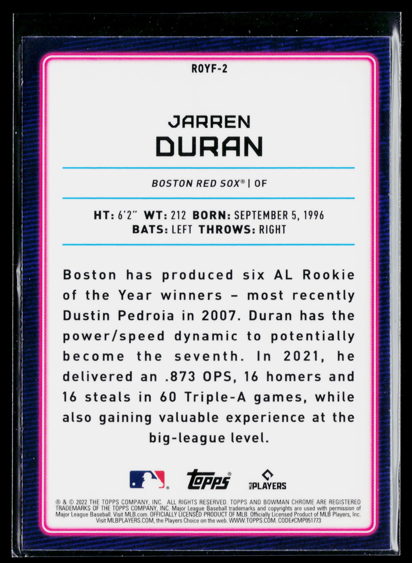 2022 Bowman Jarren Duran Rookie of the Year Favorites #ROYF-2