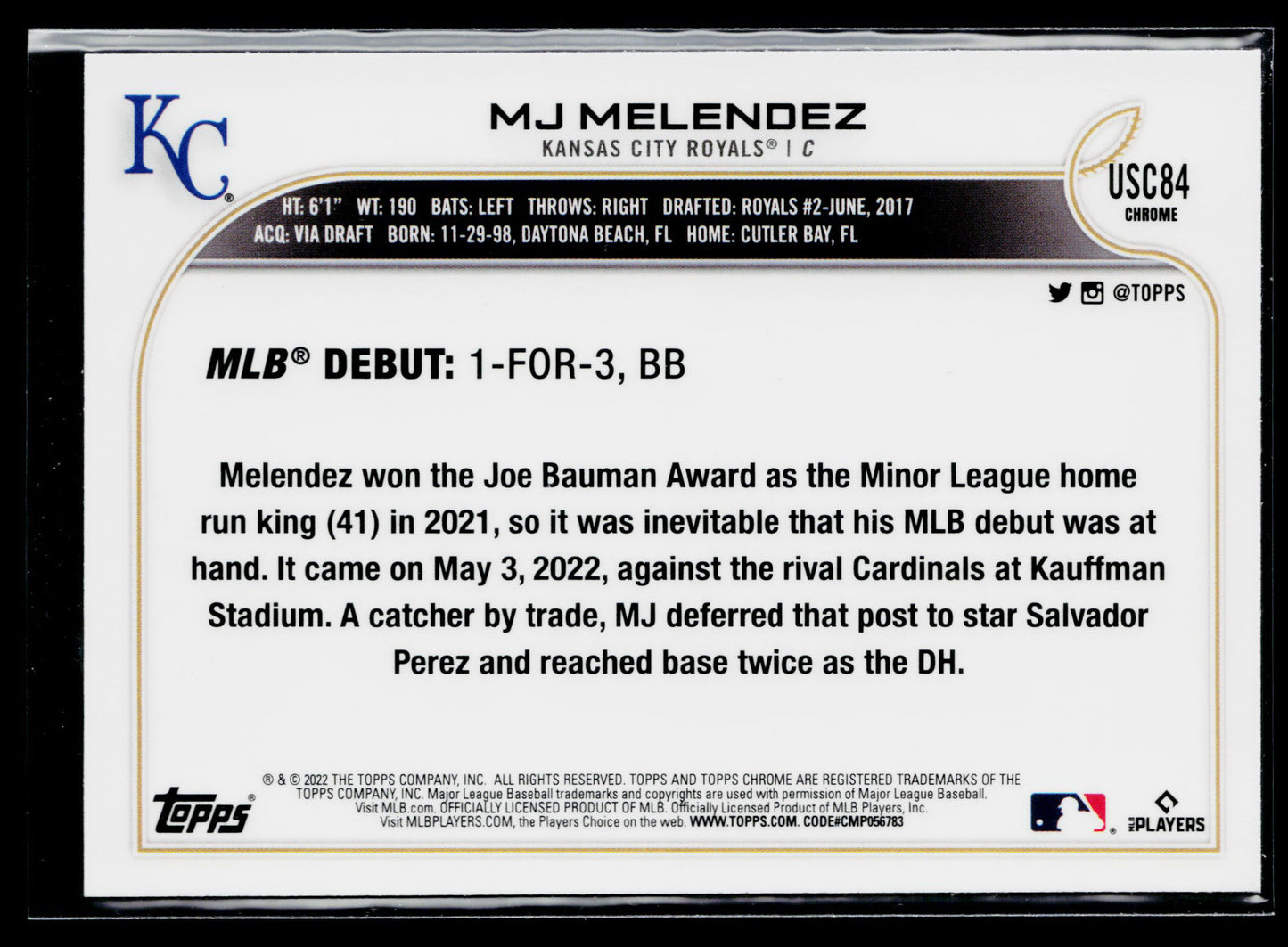 2022 Topps Chrome Update MJ Melendez Purple Refractor #USC84