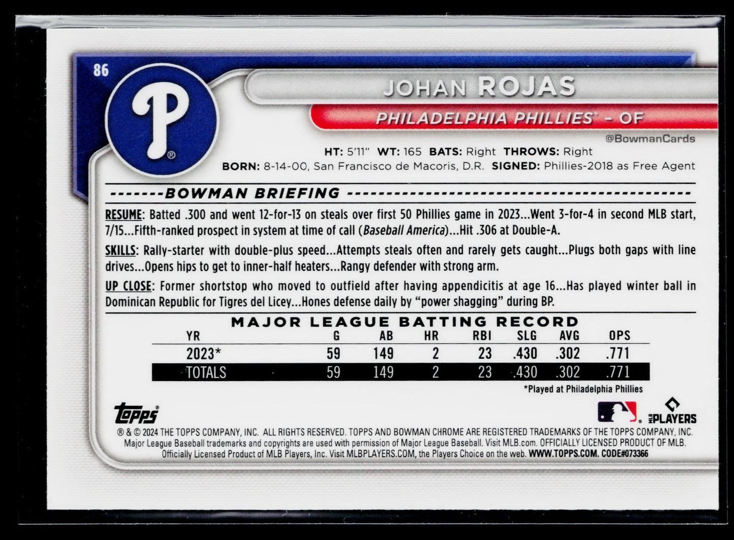 2024 Bowman Johan Rojas Chrome Mojo Refractors #86
