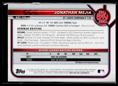 2022 Bowman Draft Jonathan Mejia Chrome Sky Blue Refractor #BDC-186