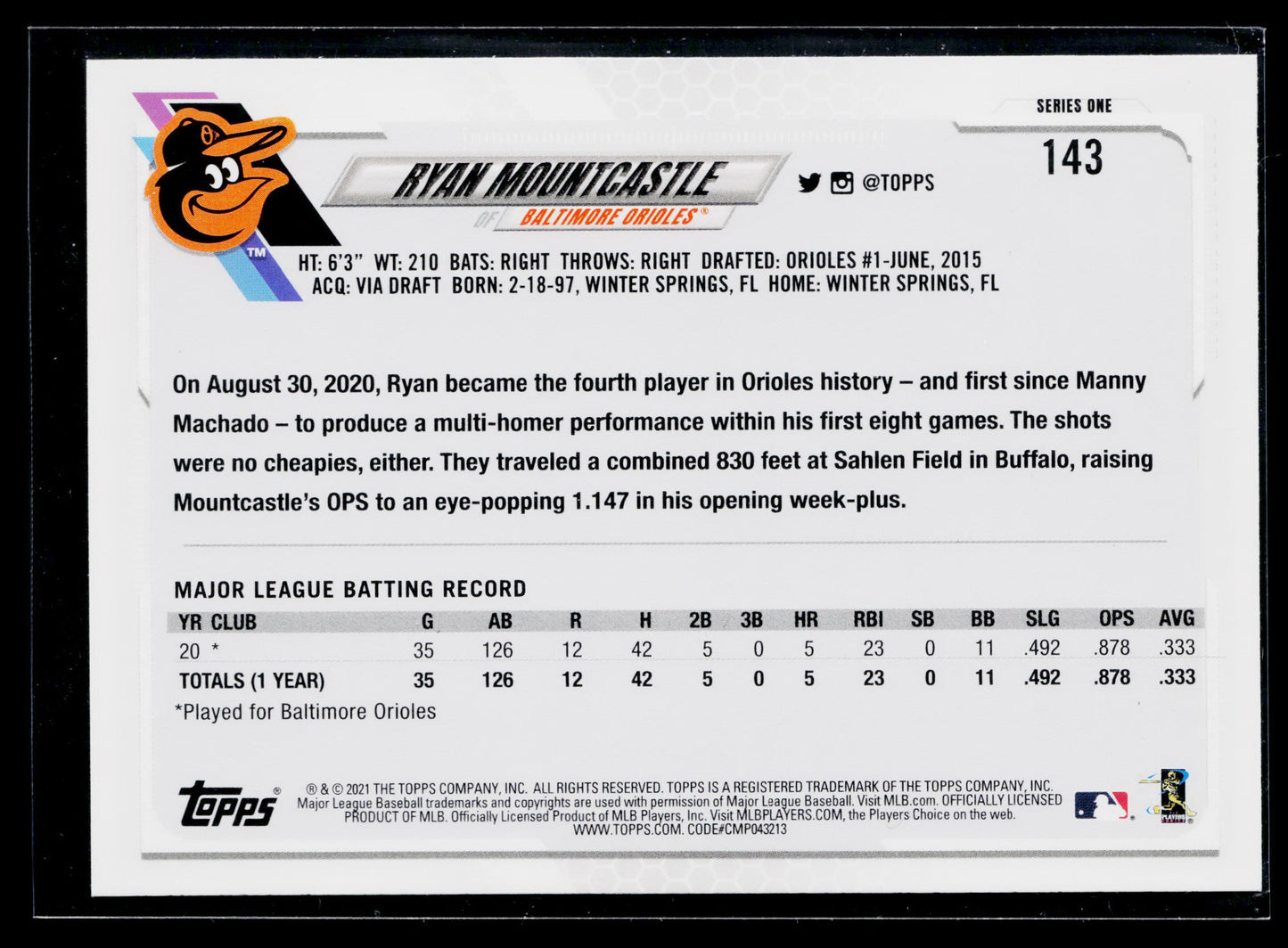 2021 Topps Ryan Mountcastle Rookie #143
