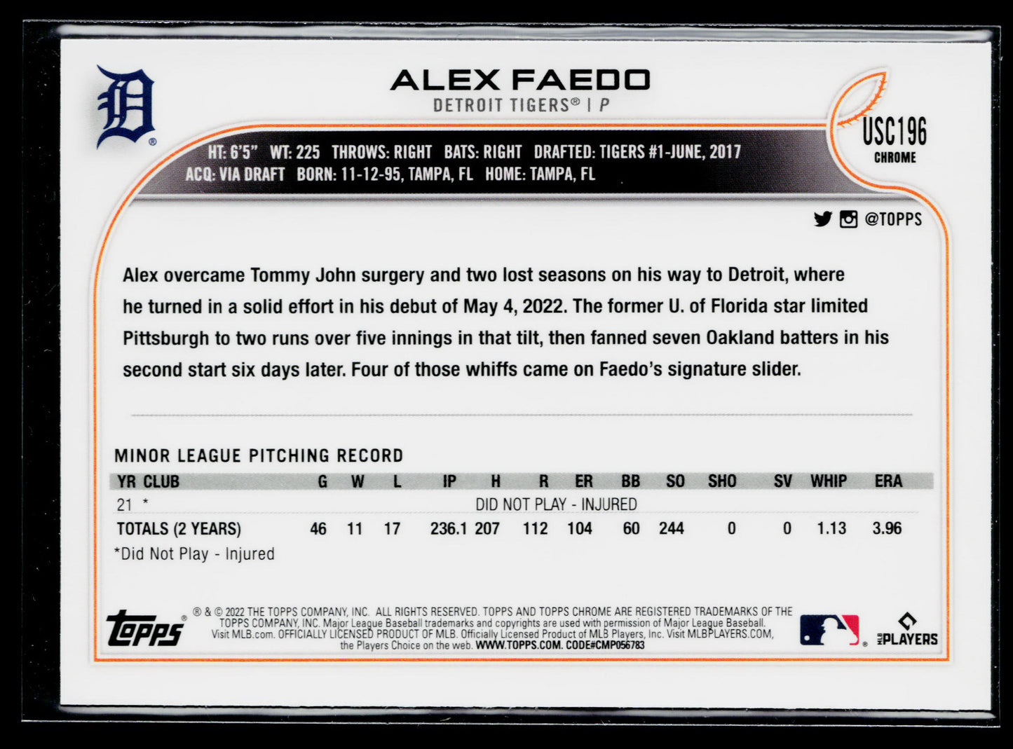 2022 Topps Chrome Update Alex Faedo Purple #USC196