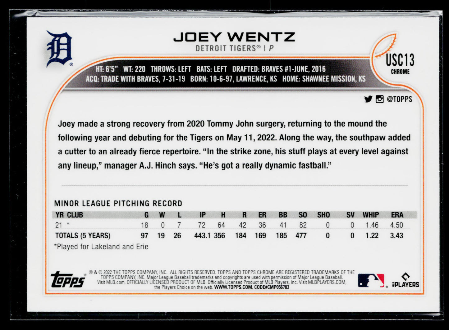 2022 Topps Chrome Update Joey Wentz Purple #USC13