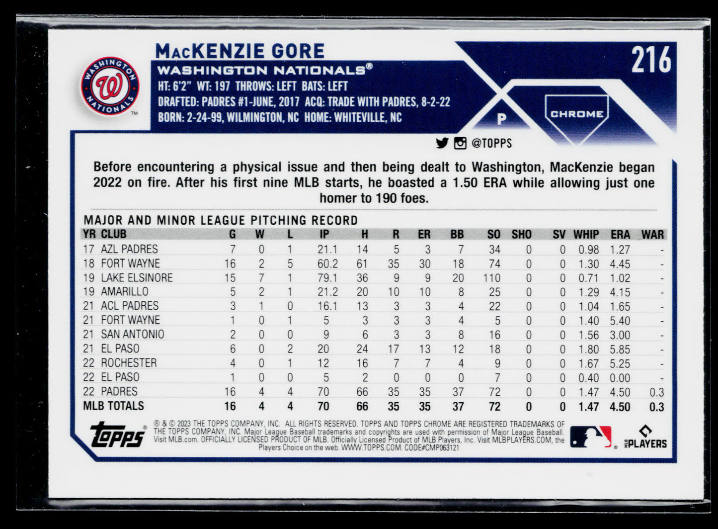 2023 Topps Chrome MacKenzie Gore Sepia #216