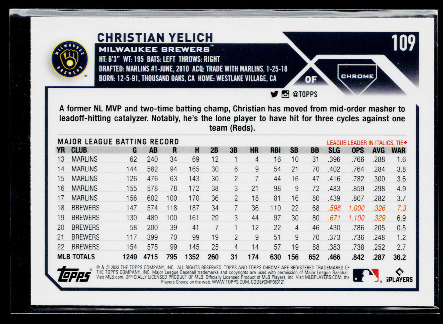 2023 Topps Chrome Christian Yelich Pink #109