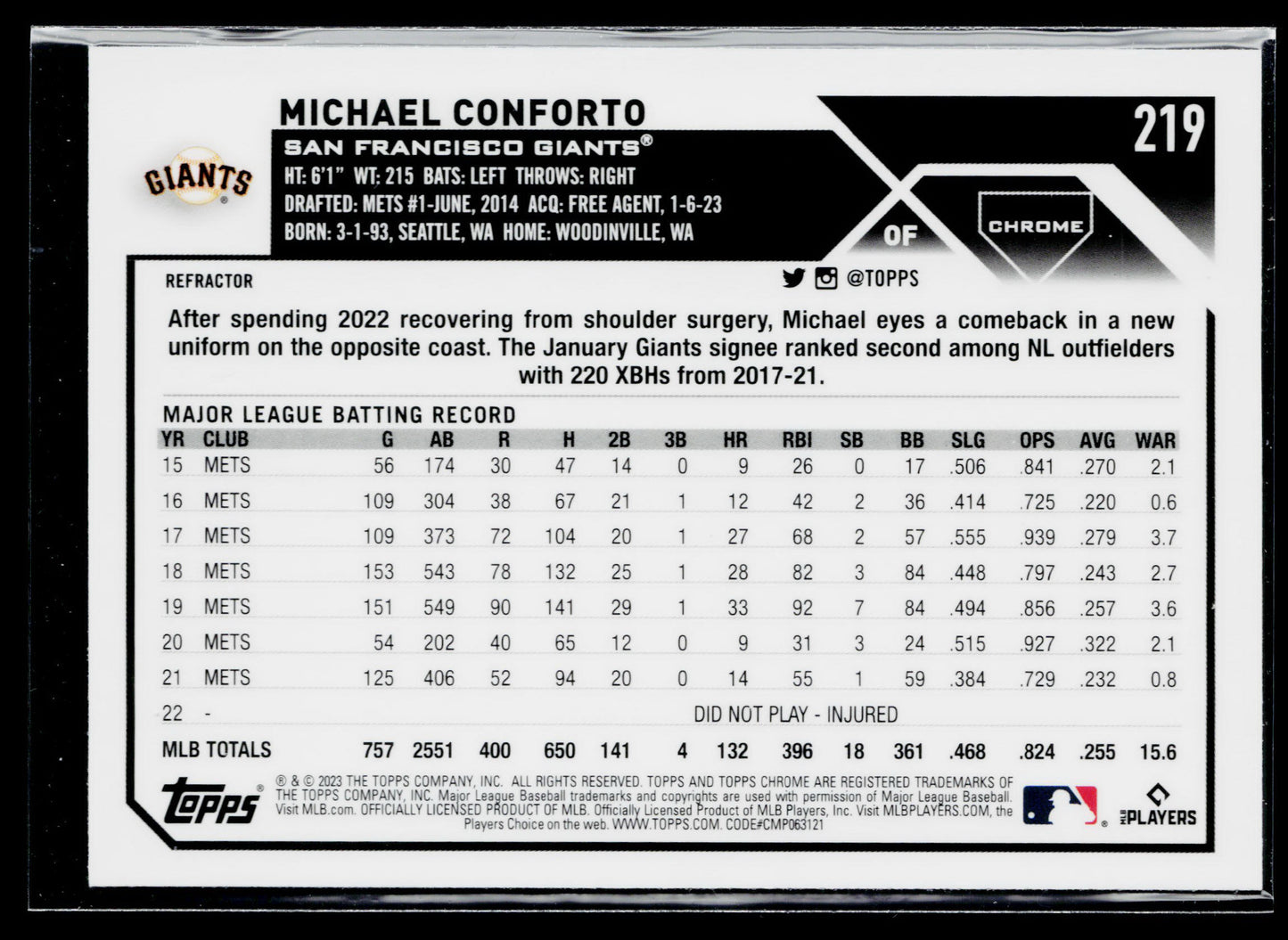 2023 Topps Chrome Michael Conforto Refractors #219