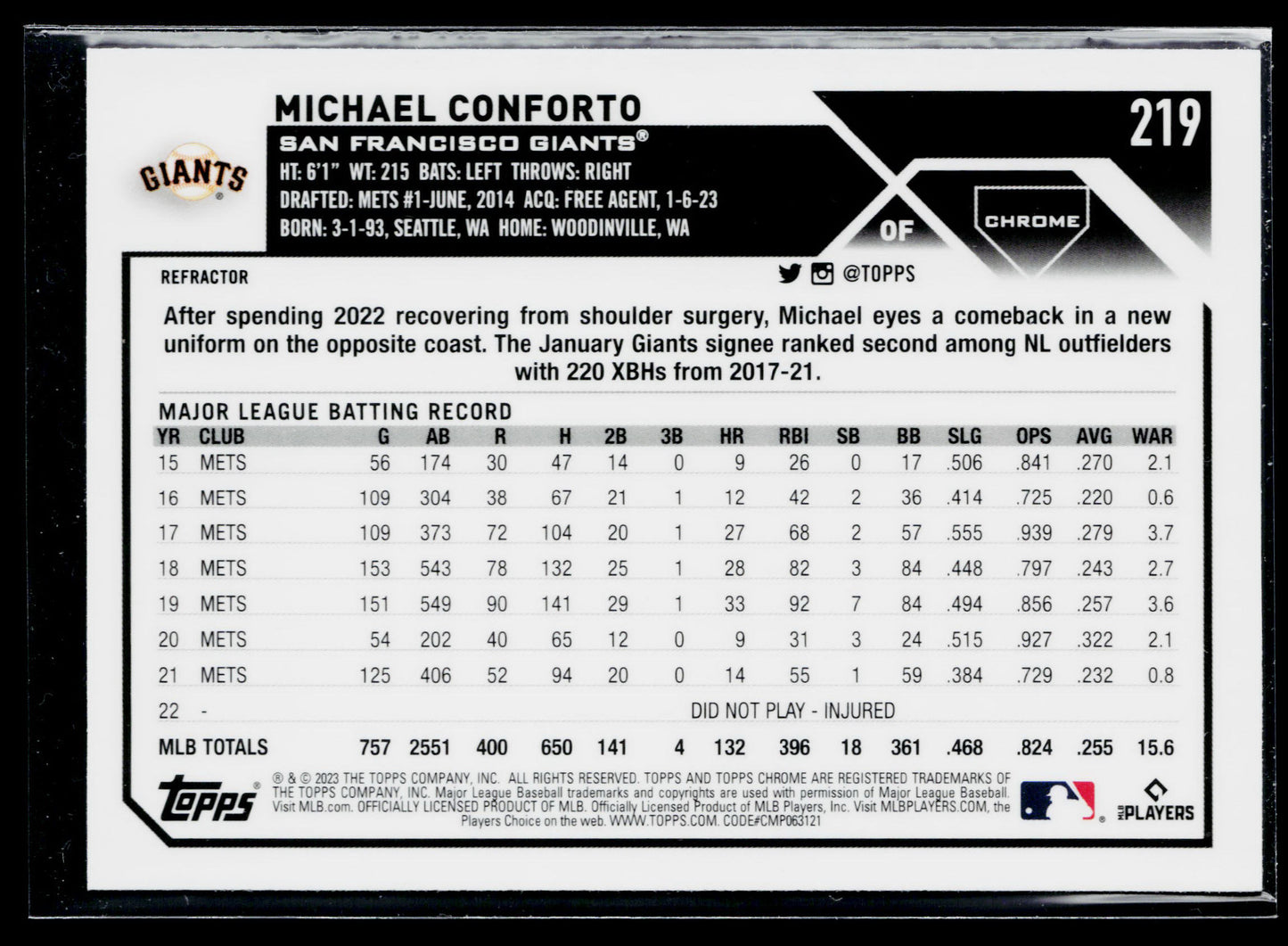 2023 Topps Chrome Michael Conforto Refractors #219