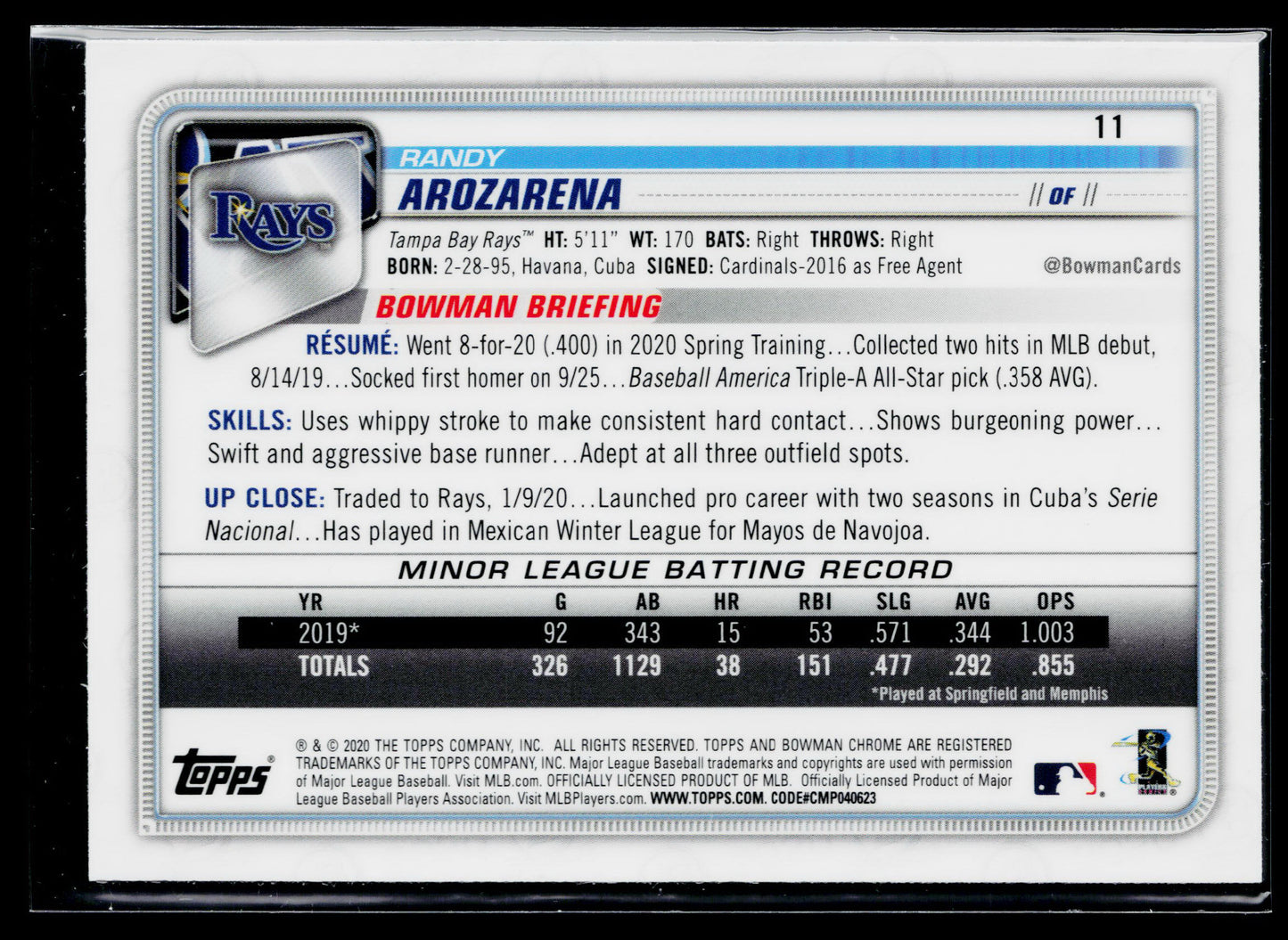 2020 Bowman Chrome Randy Arozarena Rookie #11