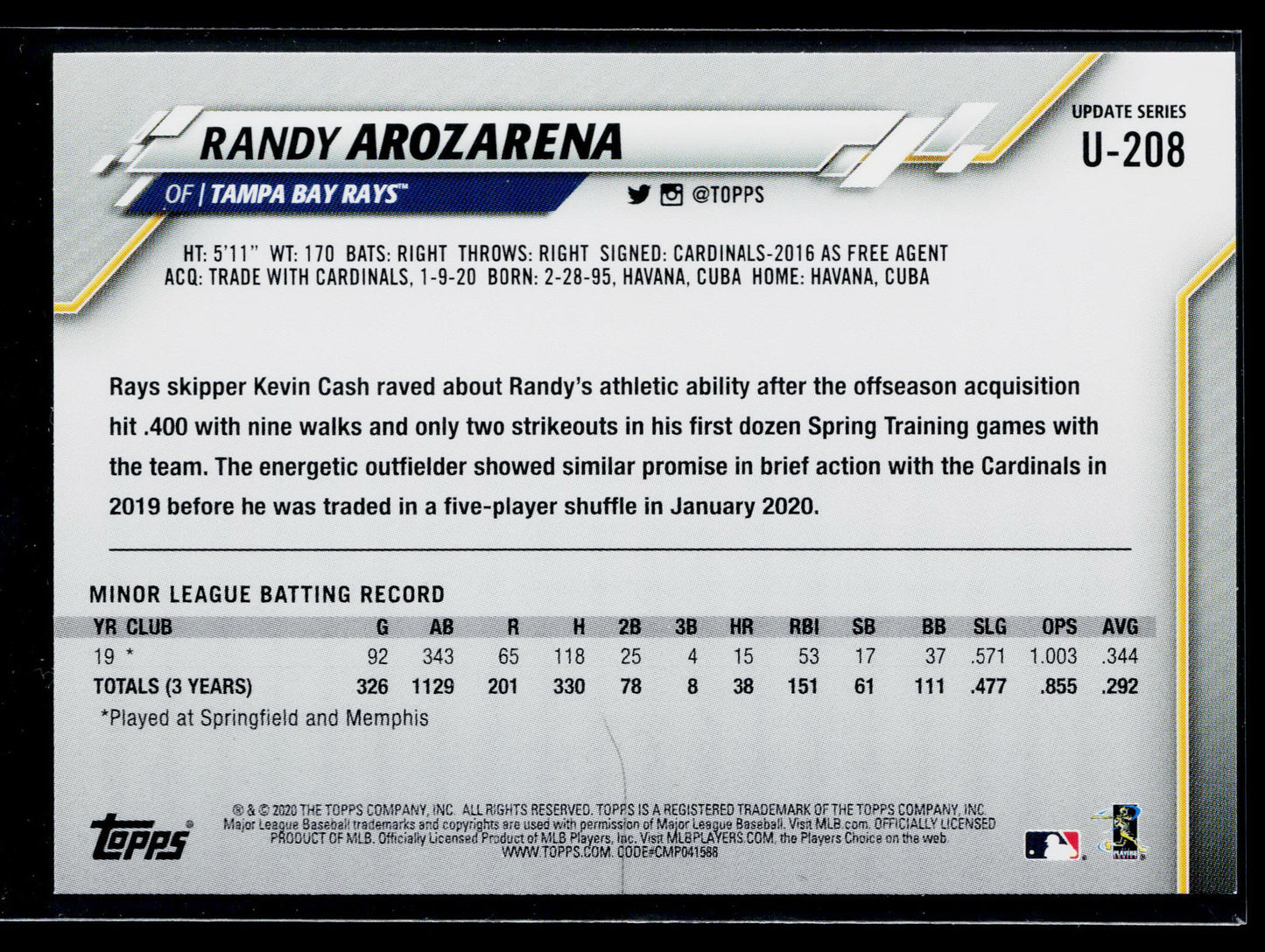 2020 Topps Update Randy Arozarena Rookie #U-208