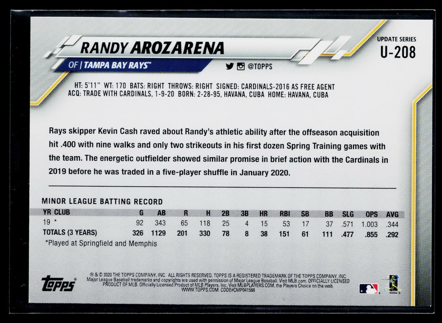 2020 Topps Update Randy Arozarena Rookie #U-208