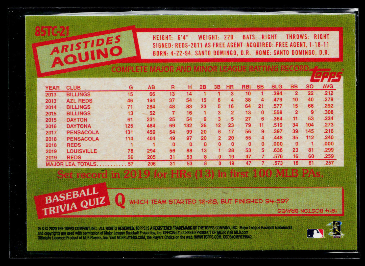 2020 Topps Chrome Aristides Aquino 1985 Topps Baseball #85TC-21