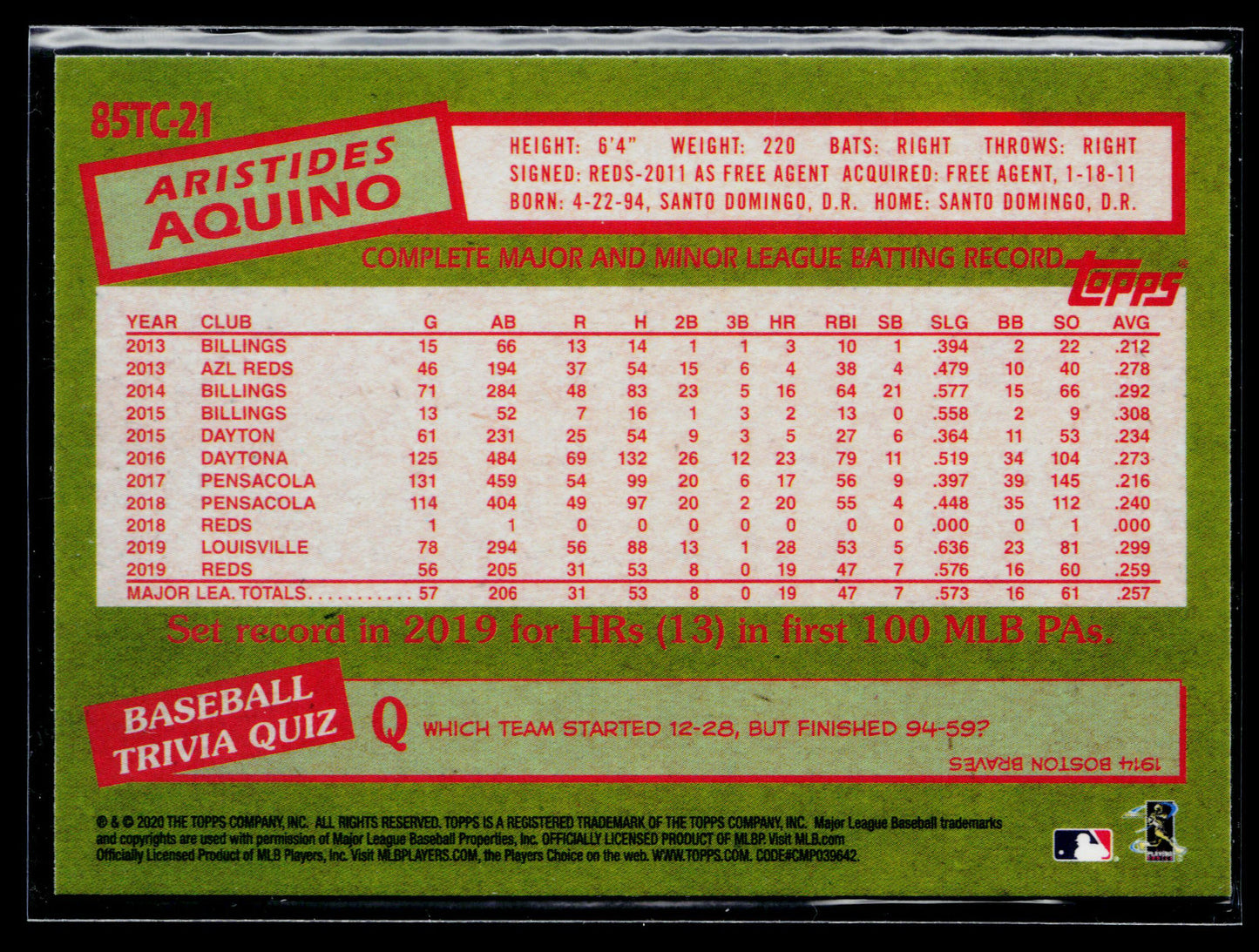2020 Topps Chrome Aristides Aquino 1985 Topps Baseball #85TC-21