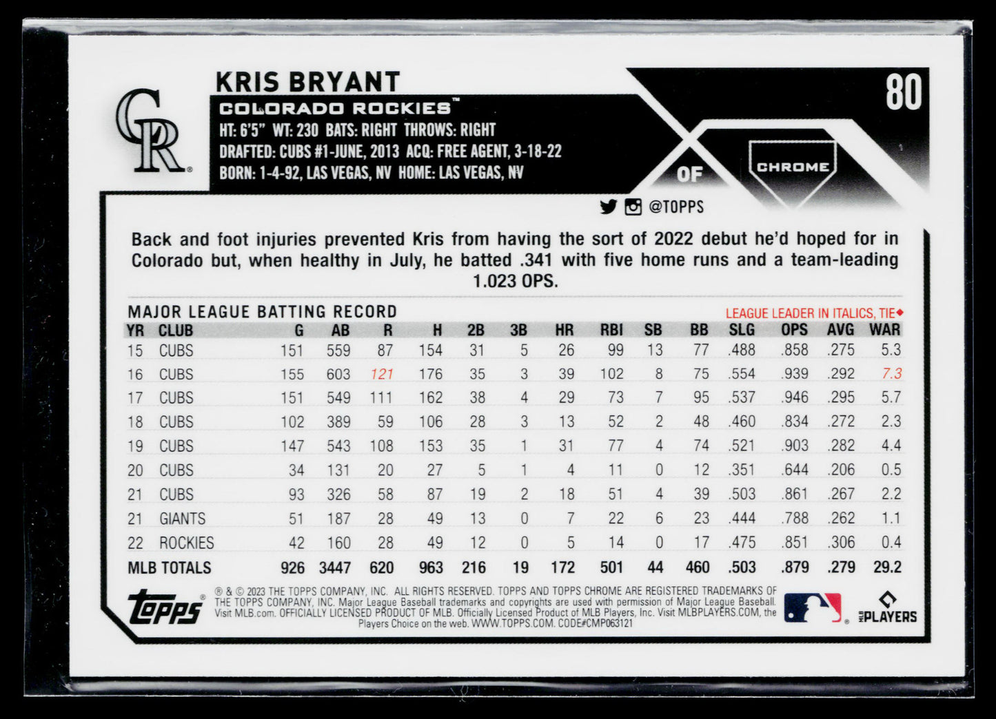 2023 Topps Chrome Kris Bryant Pink #80
