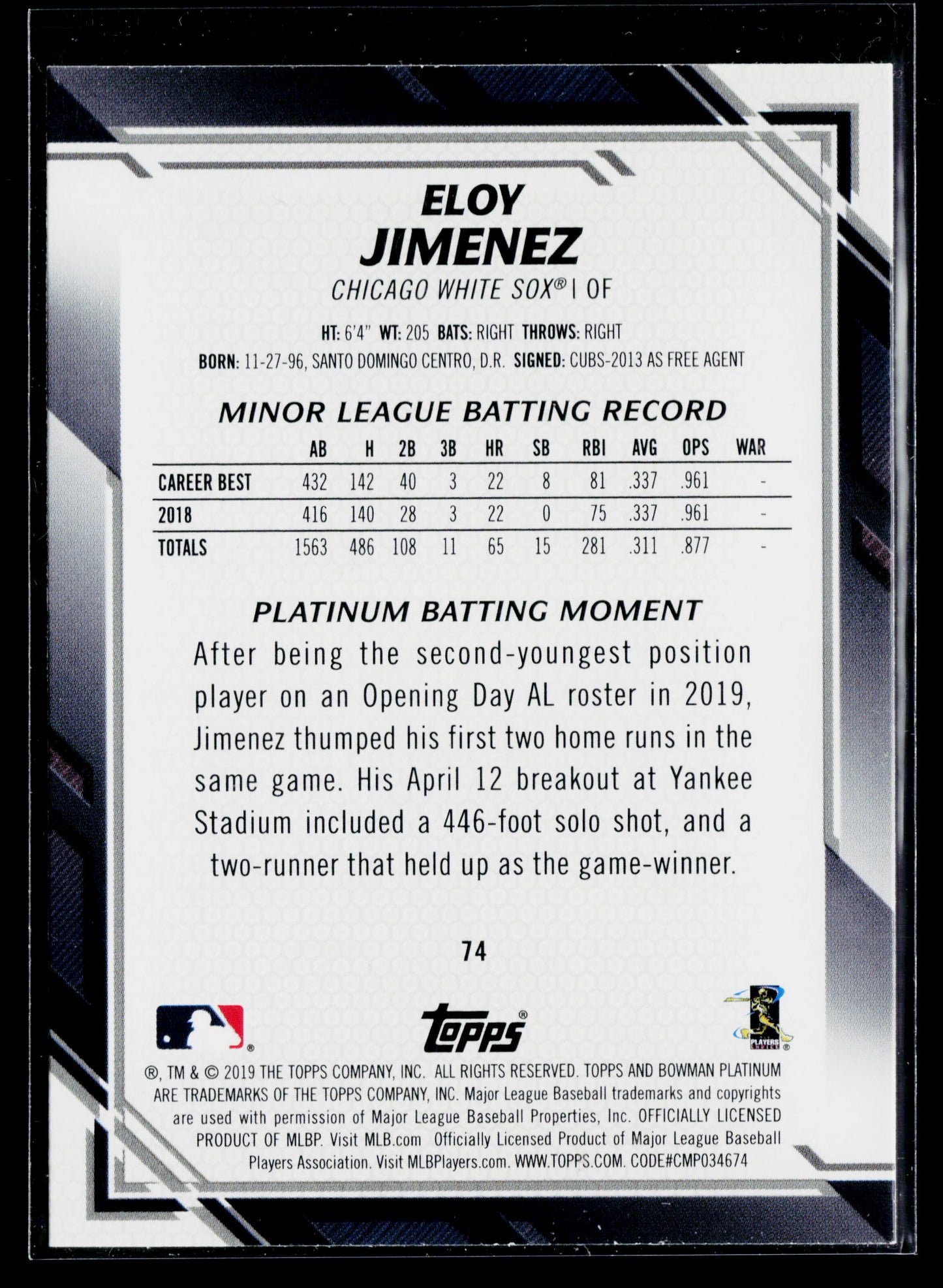 2019 Bowman Platinum Eloy Jimenez Rookie : Rookie Variation #74c