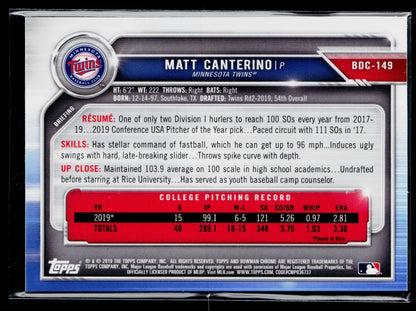 2019 Bowman Draft Matt Canterino Chrome Sky Blue #BDC-149