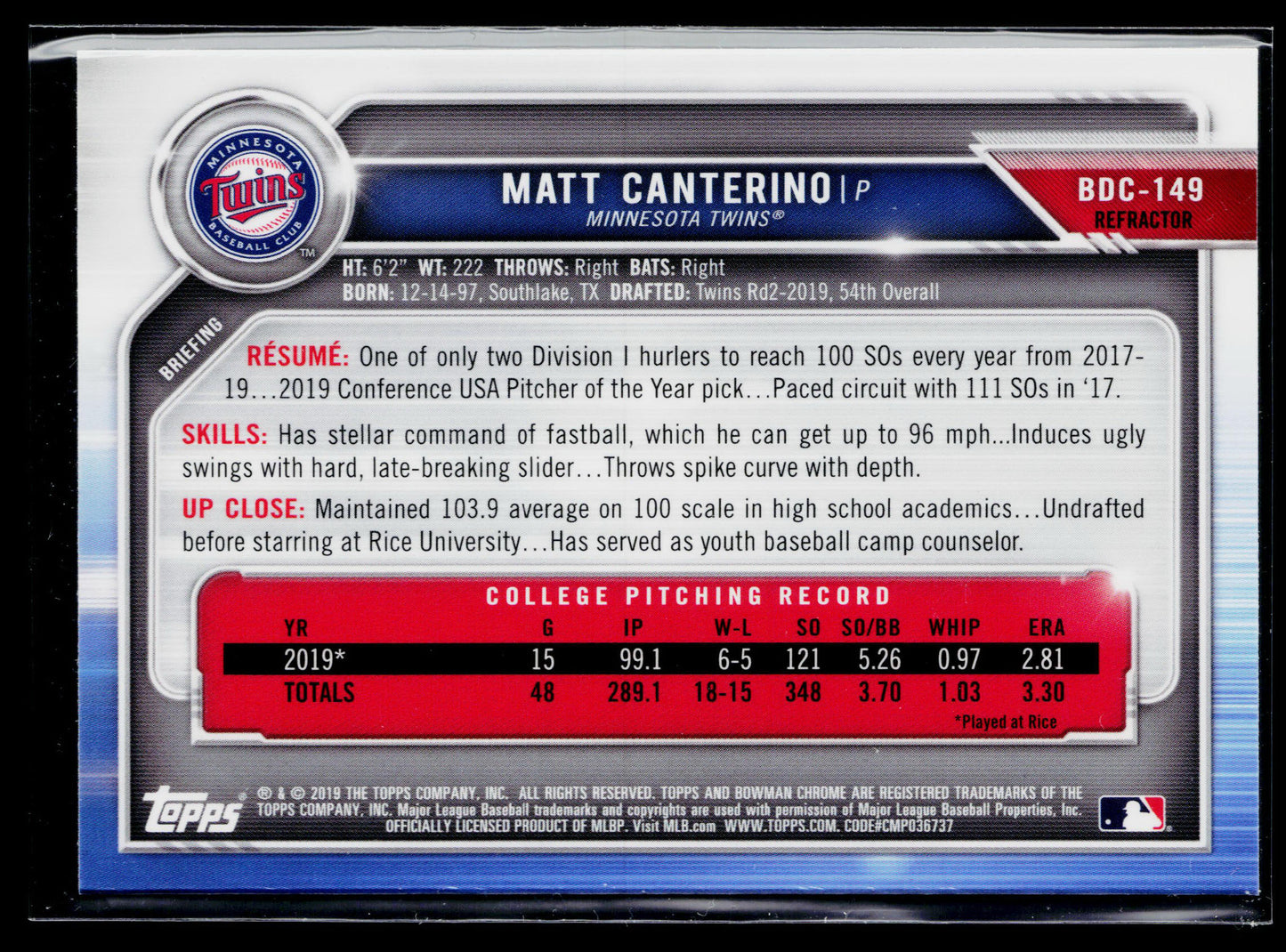 2019 Bowman Draft Matt Canterino Chrome #BDC-149