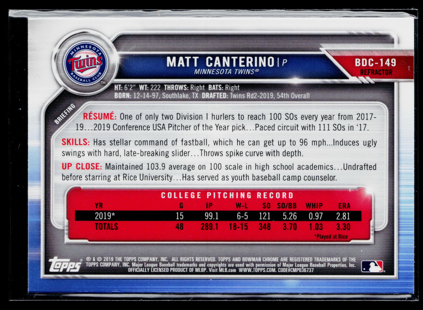 2019 Bowman Draft Matt Canterino Chrome #BDC-149