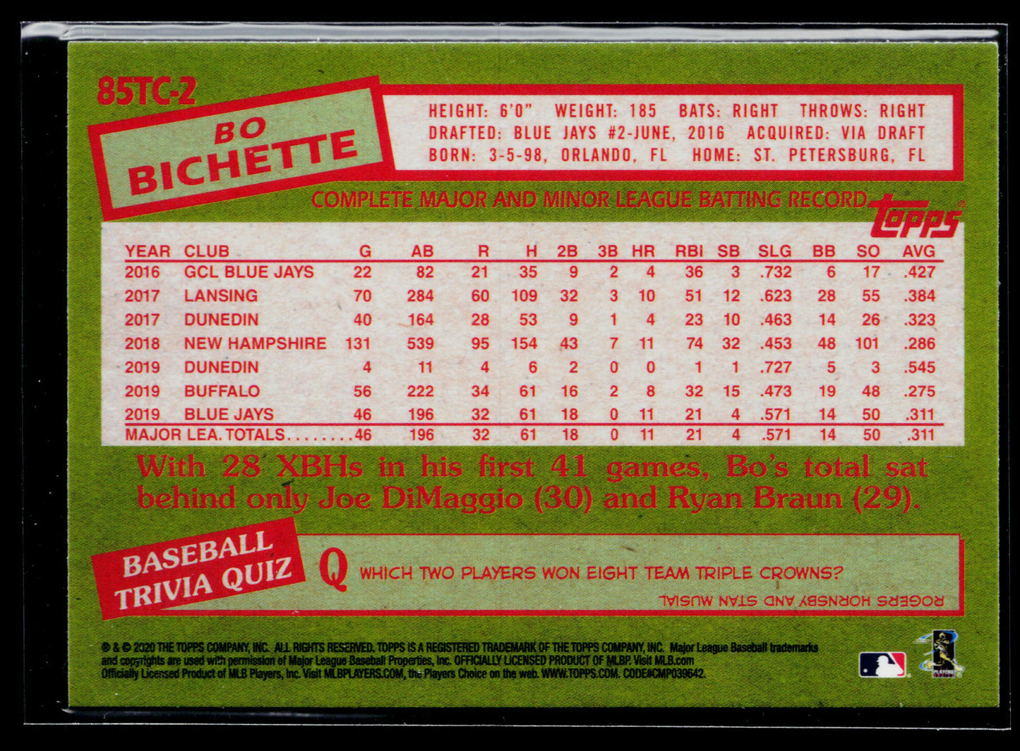 2020 Topps Chrome Bo Bichette 1985 Topps Baseball #85TC-2