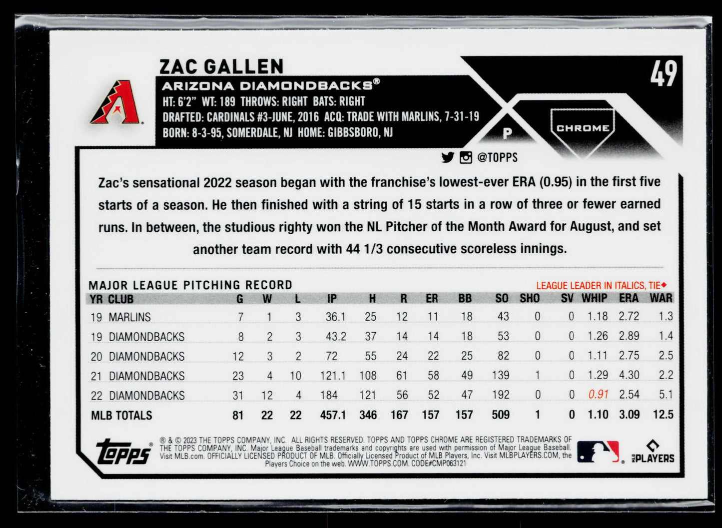 2023 Topps Chrome Zac Gallen Sepia #49