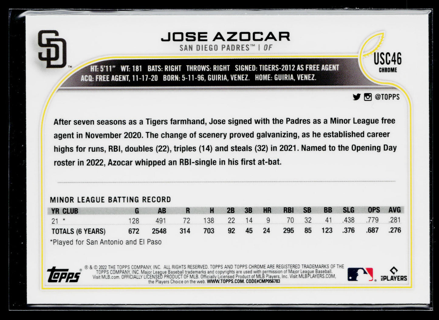 2022 Topps Update Jose Azocar Purple #US280