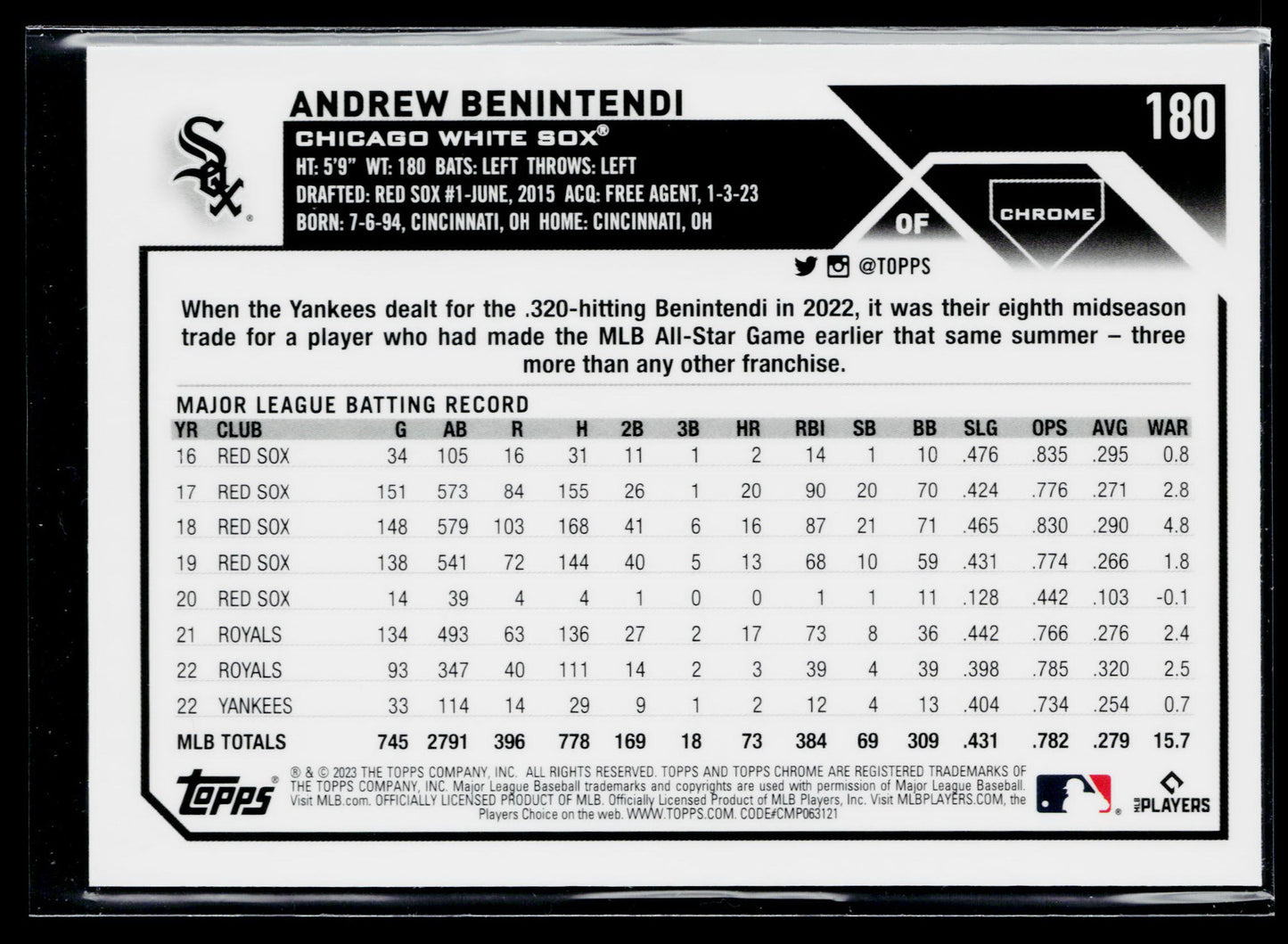 2023 Topps Chrome Andrew Benintendi Sepia Refractors #180