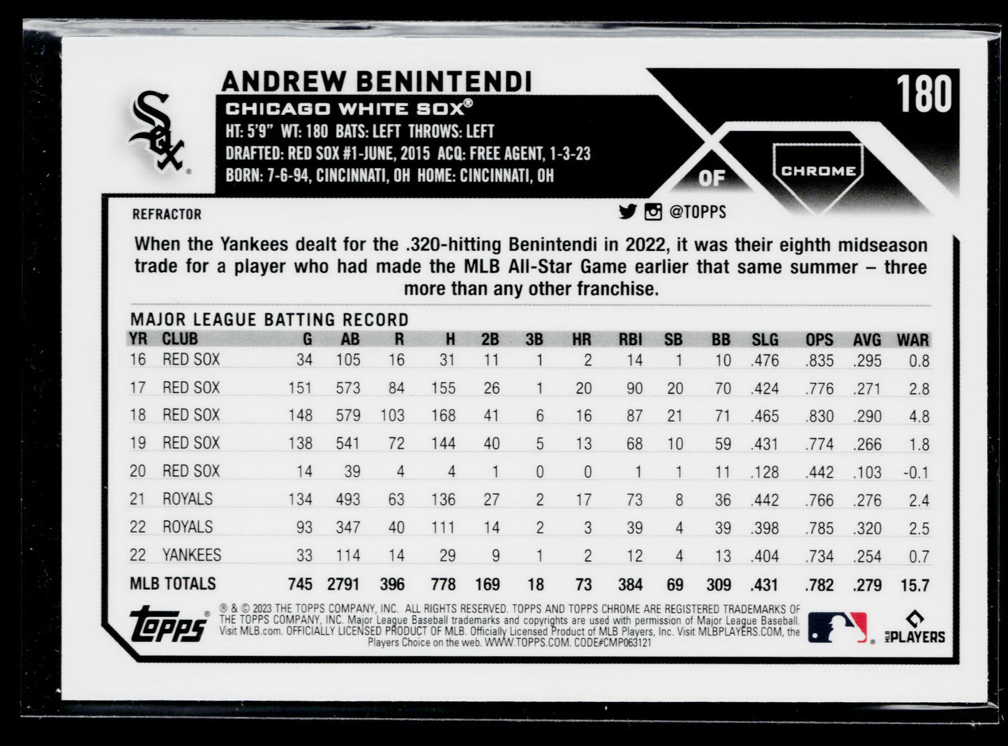 2023 Topps Chrome Andrew Benintendi Refractors #180