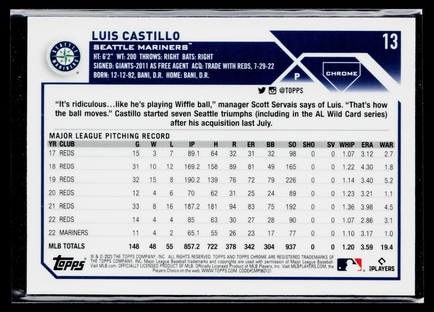 2023 Topps Chrome Luis Castillo Pink #13
