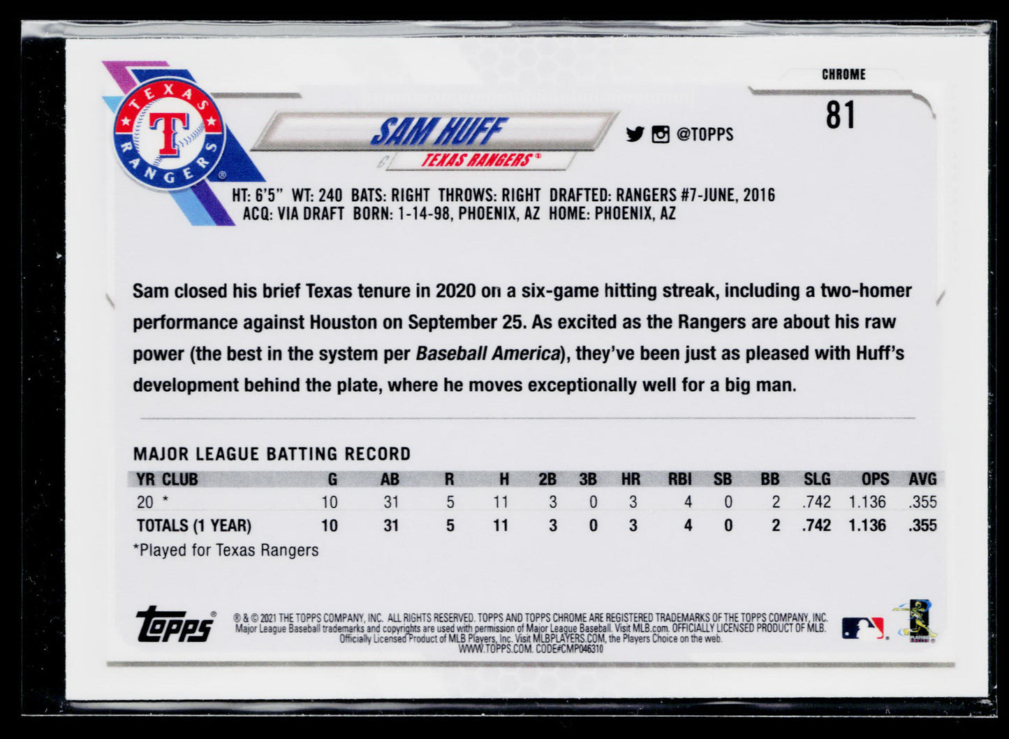 2021 Topps Chrome Sam Huff Rookie Prism Refractor #81