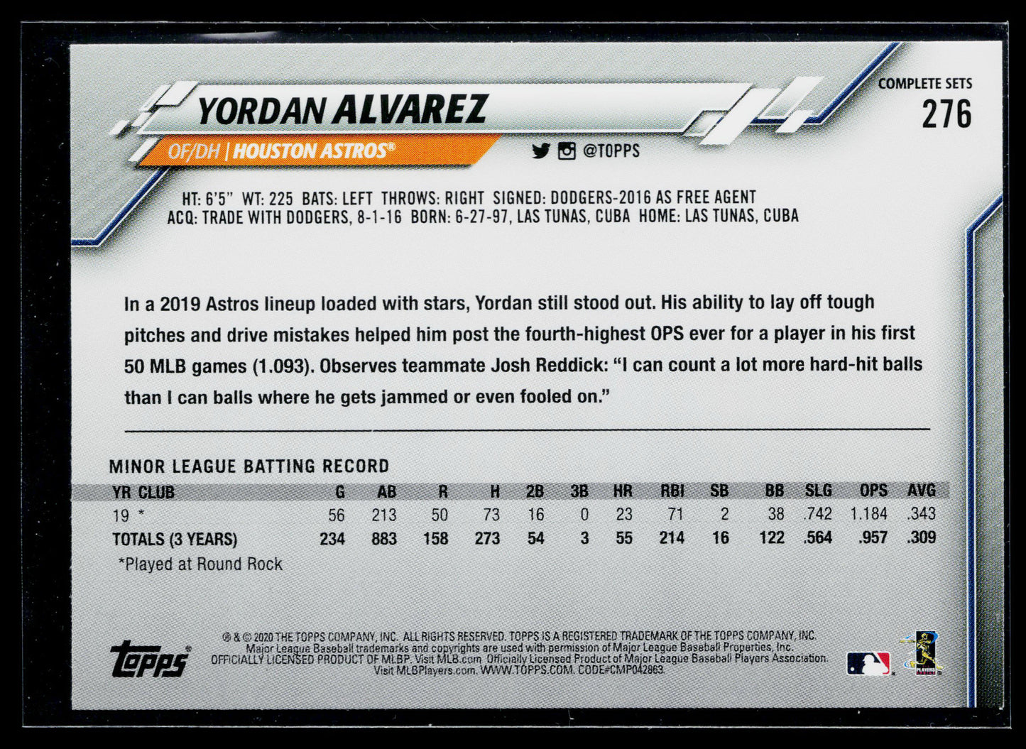 2020 Topps Yordan Alvarez Factory Set Bonus: Rookie Image Variation #276
