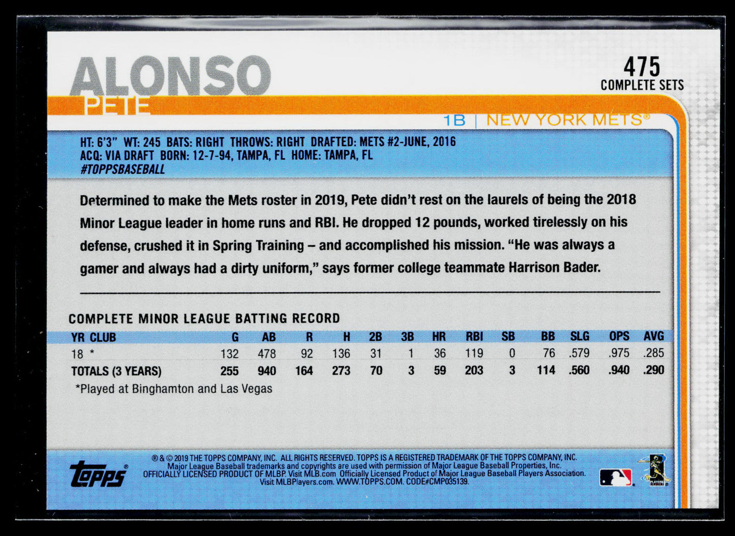 2019 Topps Pete Alonso Rookie Factory Set Bonus: Rookie Image Variation #475